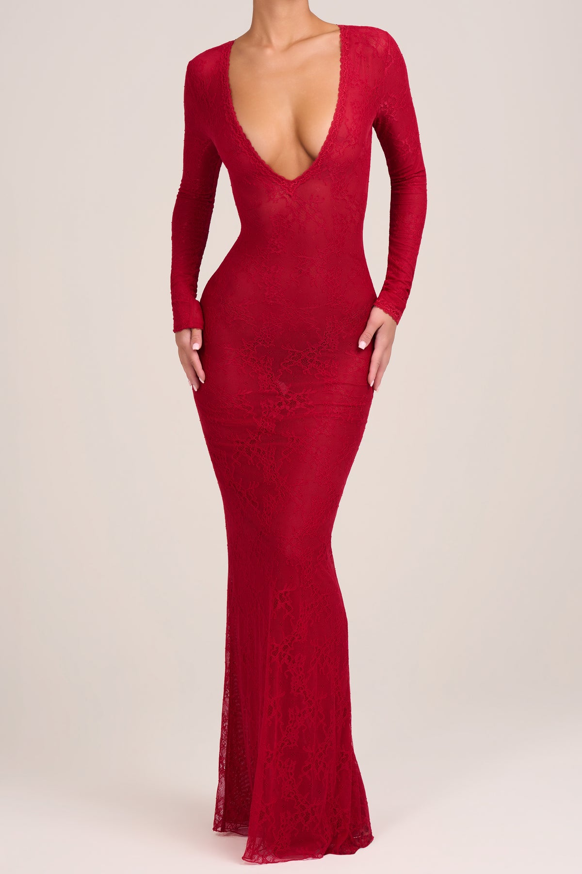Lace Long-Sleeve Maxi Dress in Fire Red