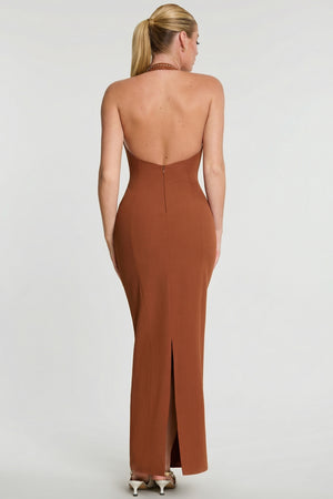 Oh Polly's Kiele wearing the Demeter Maxi Dress in Chestnut Brown Twill Suiting fabric perfect for elegant evening events