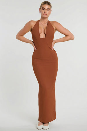 Oh Polly's Kiele wearing the Demeter Maxi Dress in Chestnut Brown Twill Suiting fabric perfect for elegant evening events