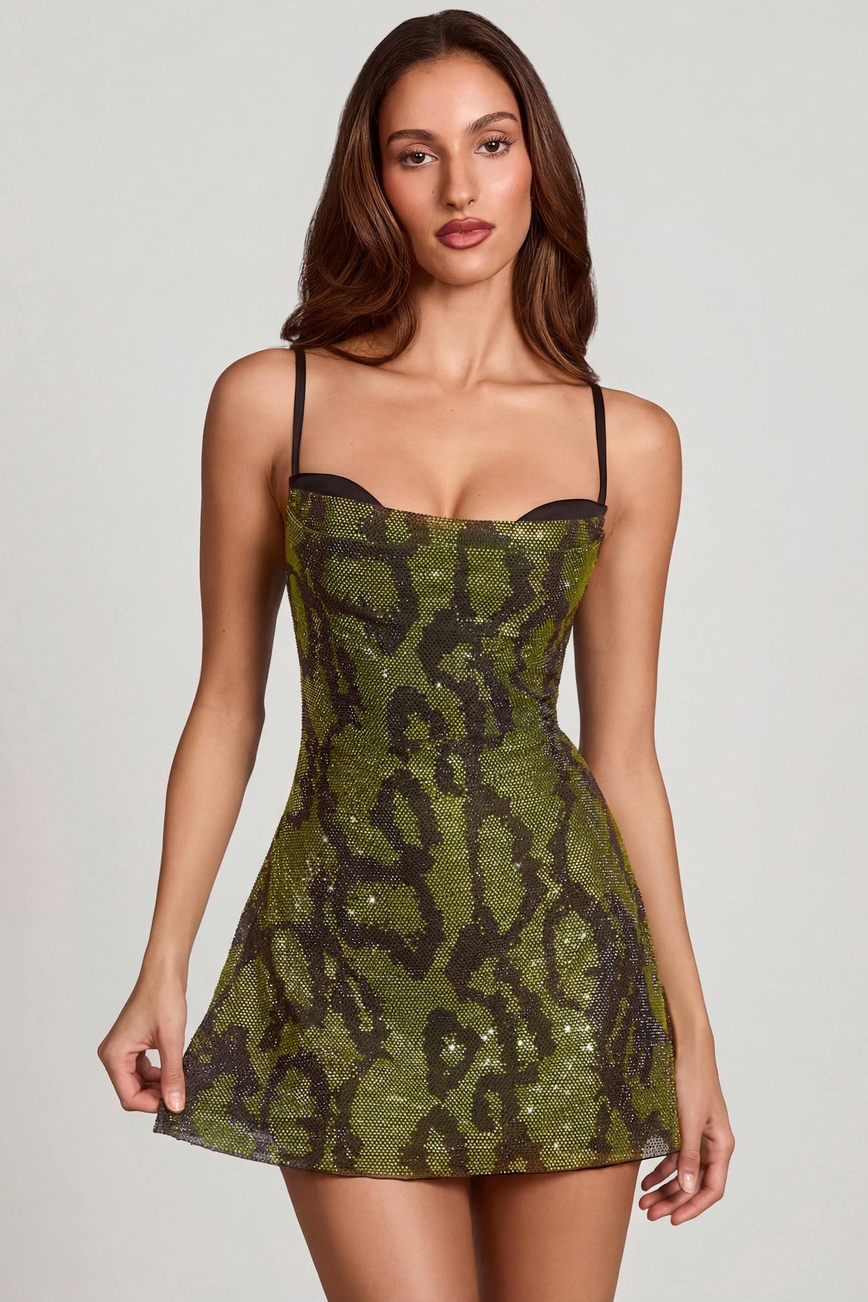 Embellished Cowl Neck A-line Mini Dress in Green Snake - 1