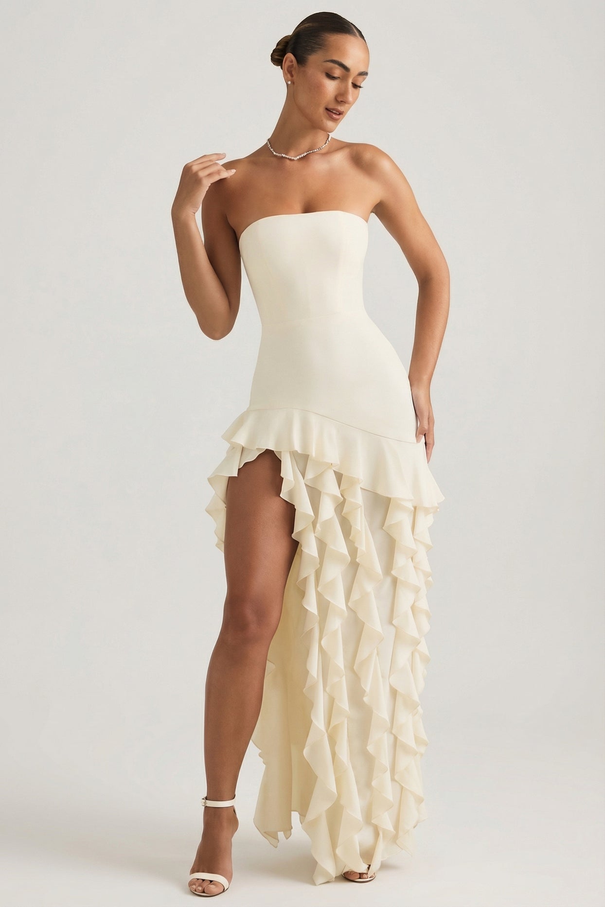 Ruffle-Trim Strapless Gown in Ivory - 6