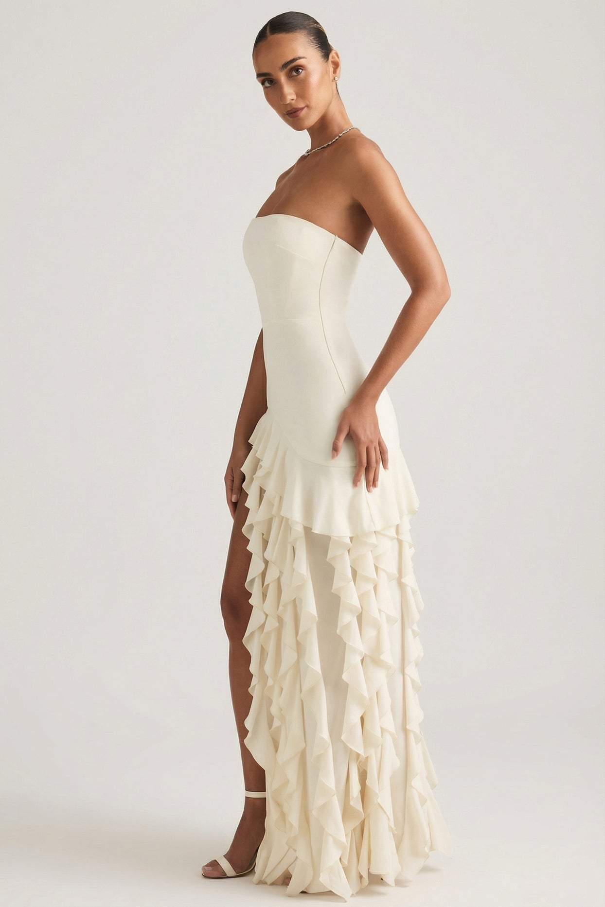 Ruffle-Trim Strapless Gown in Ivory - 3