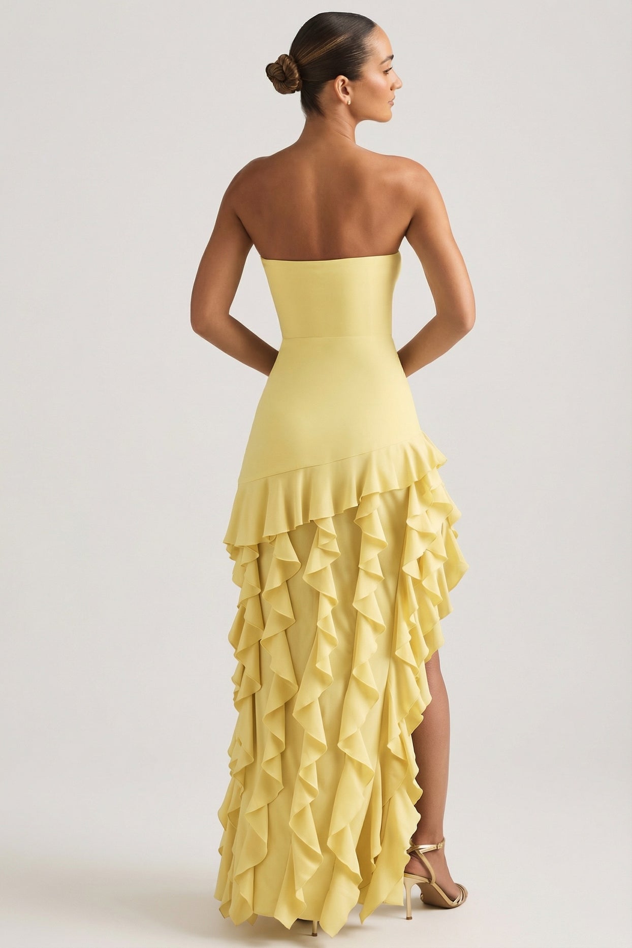 Ruffle-Trim Strapless Gown in Pastel Yellow - 5