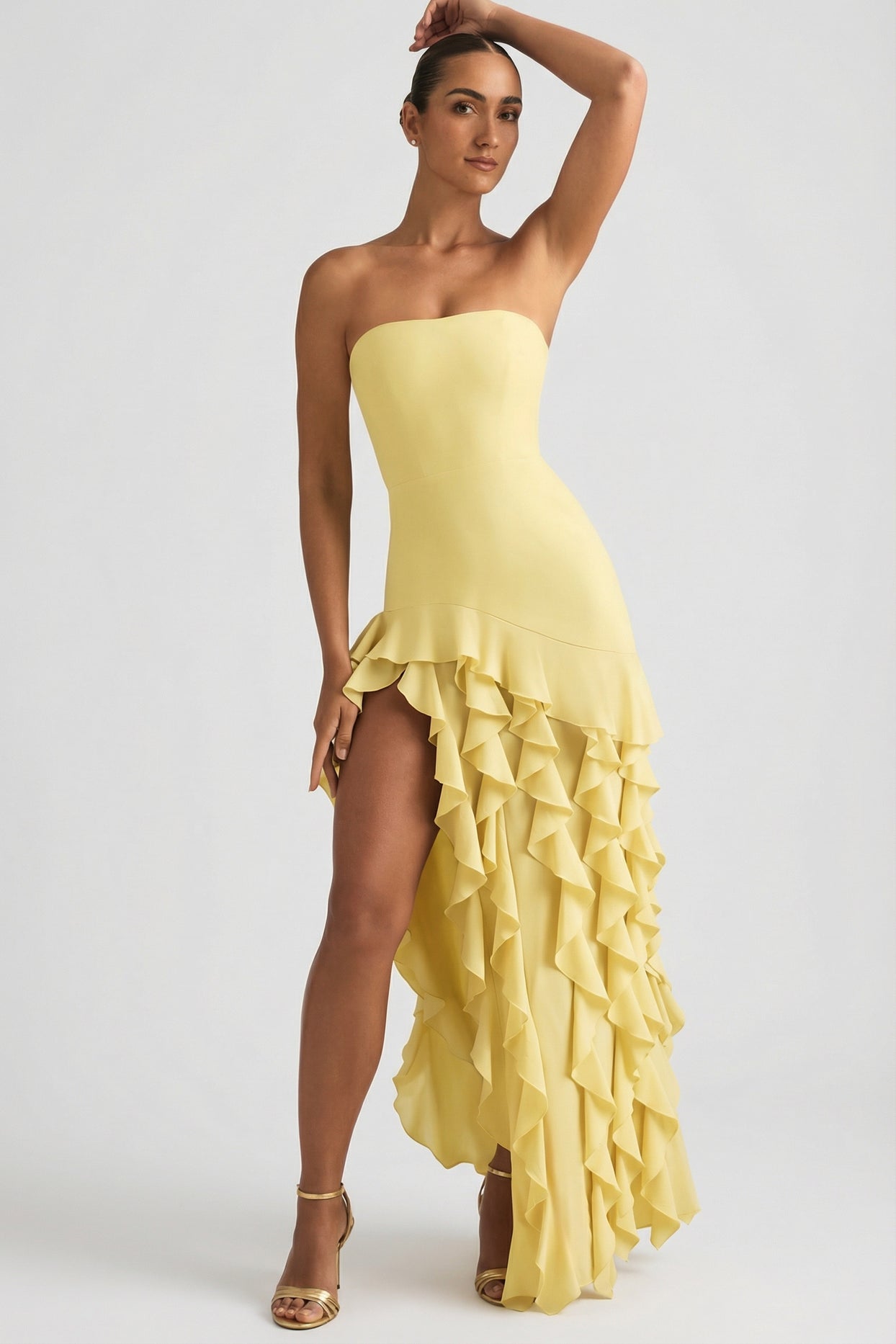 Ruffle-Trim Strapless Gown in Pastel Yellow - 7