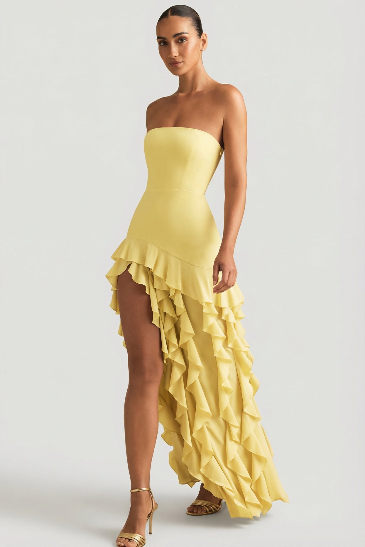Ruffle-Trim Strapless Gown in Pastel Yellow - 3