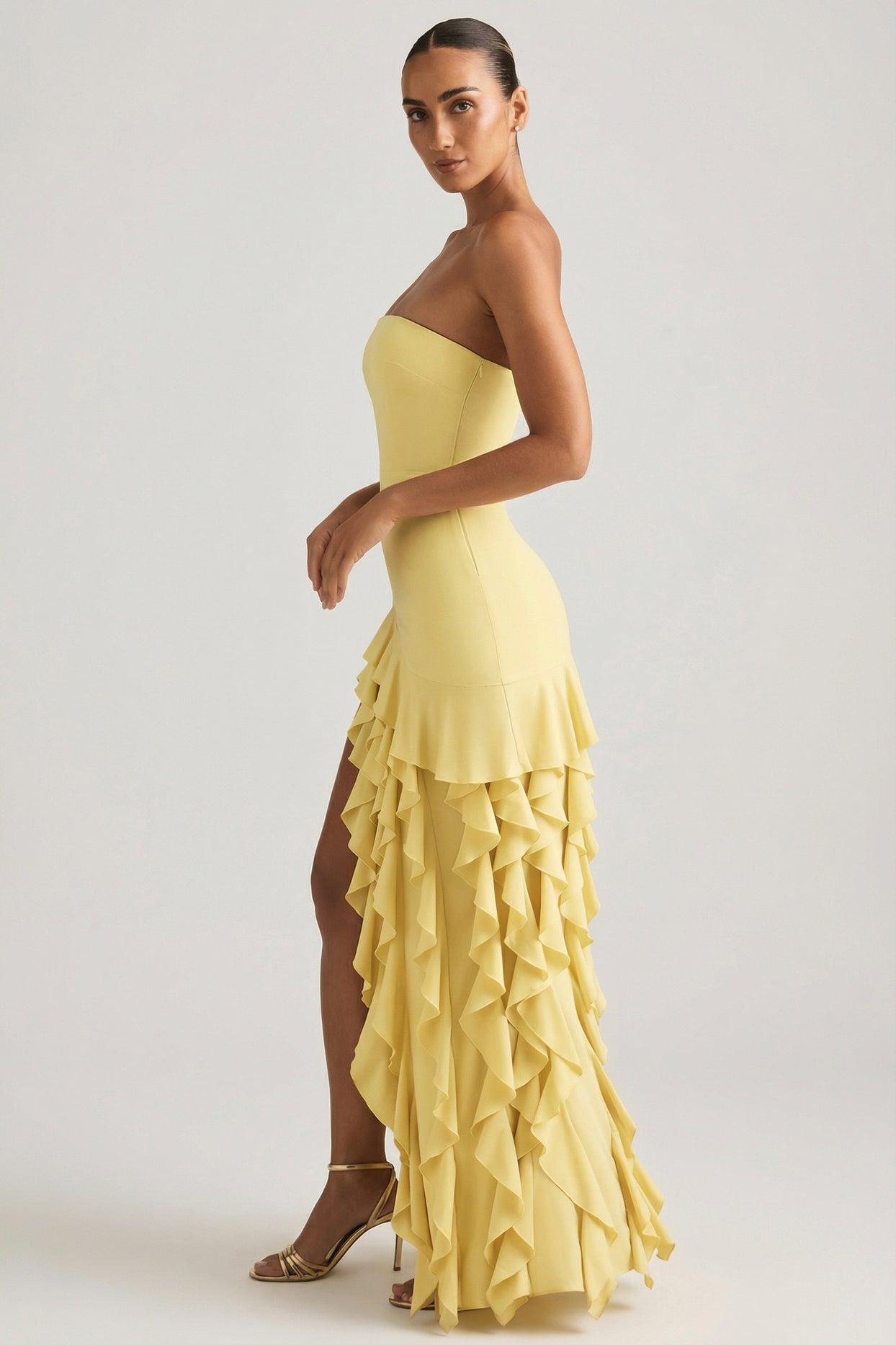 Ruffle-Trim Strapless Gown in Pastel Yellow - 6