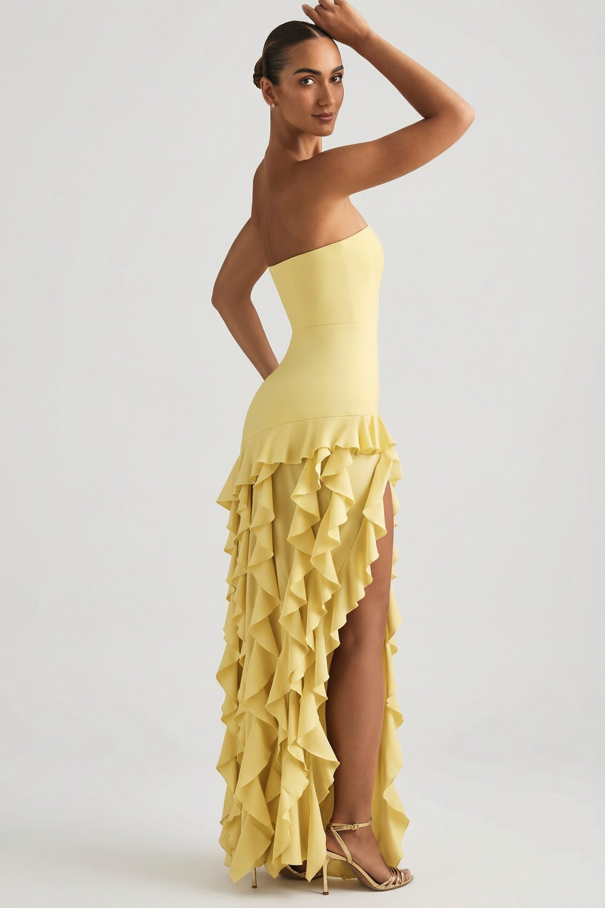 Ruffle-Trim Strapless Gown in Pastel Yellow - 2