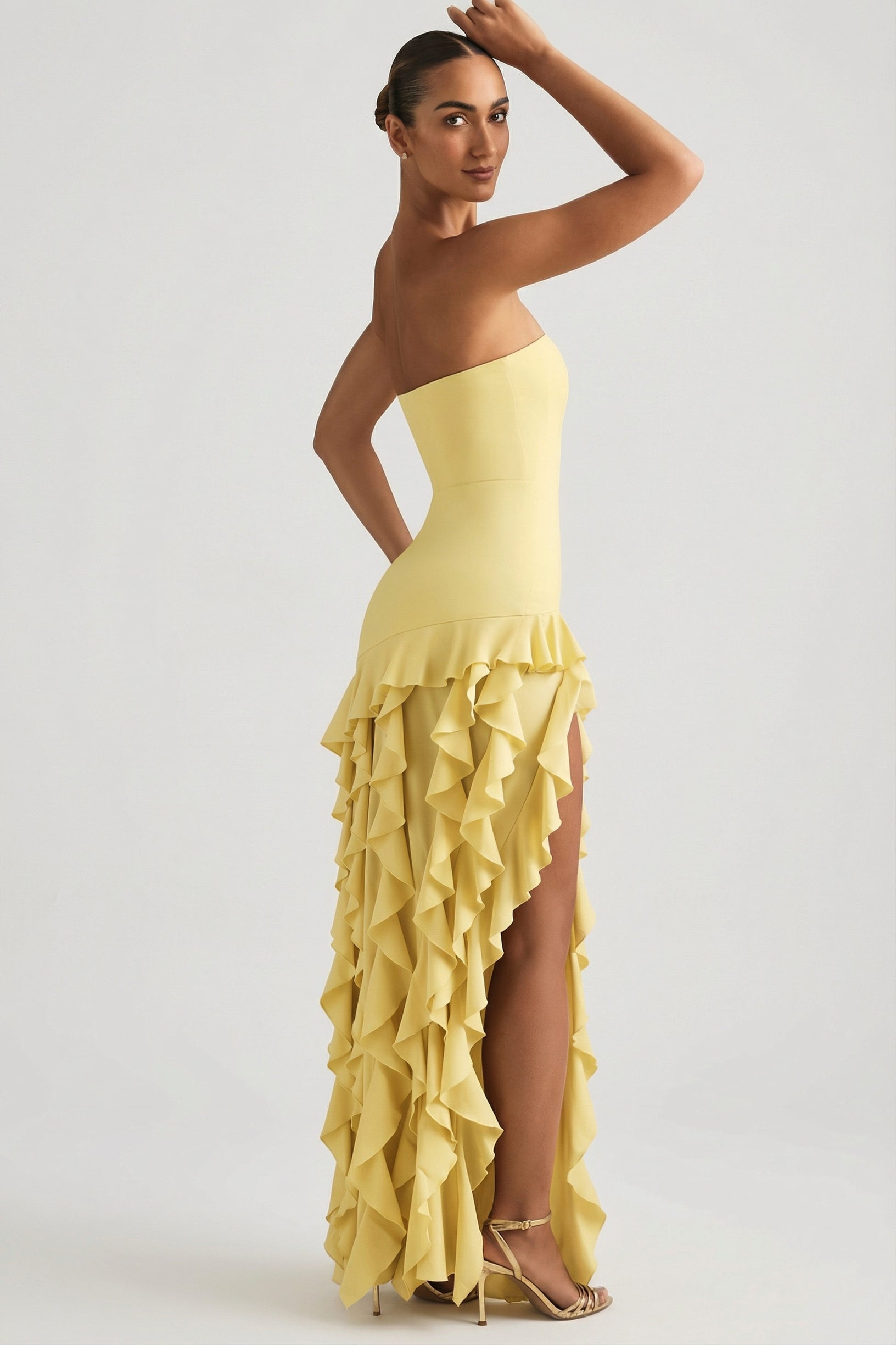Ruffle-Trim Strapless Gown in Pastel Yellow - 2