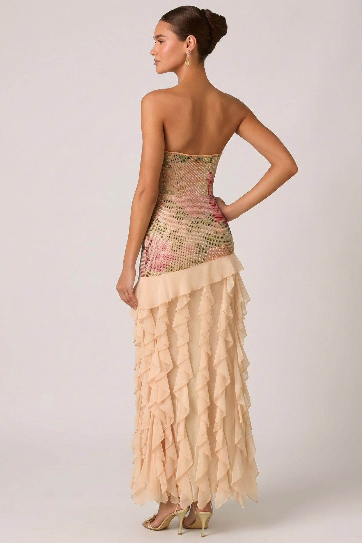Embellished Ruffle-Trim Strapless Gown in Rose Hotfix - 2