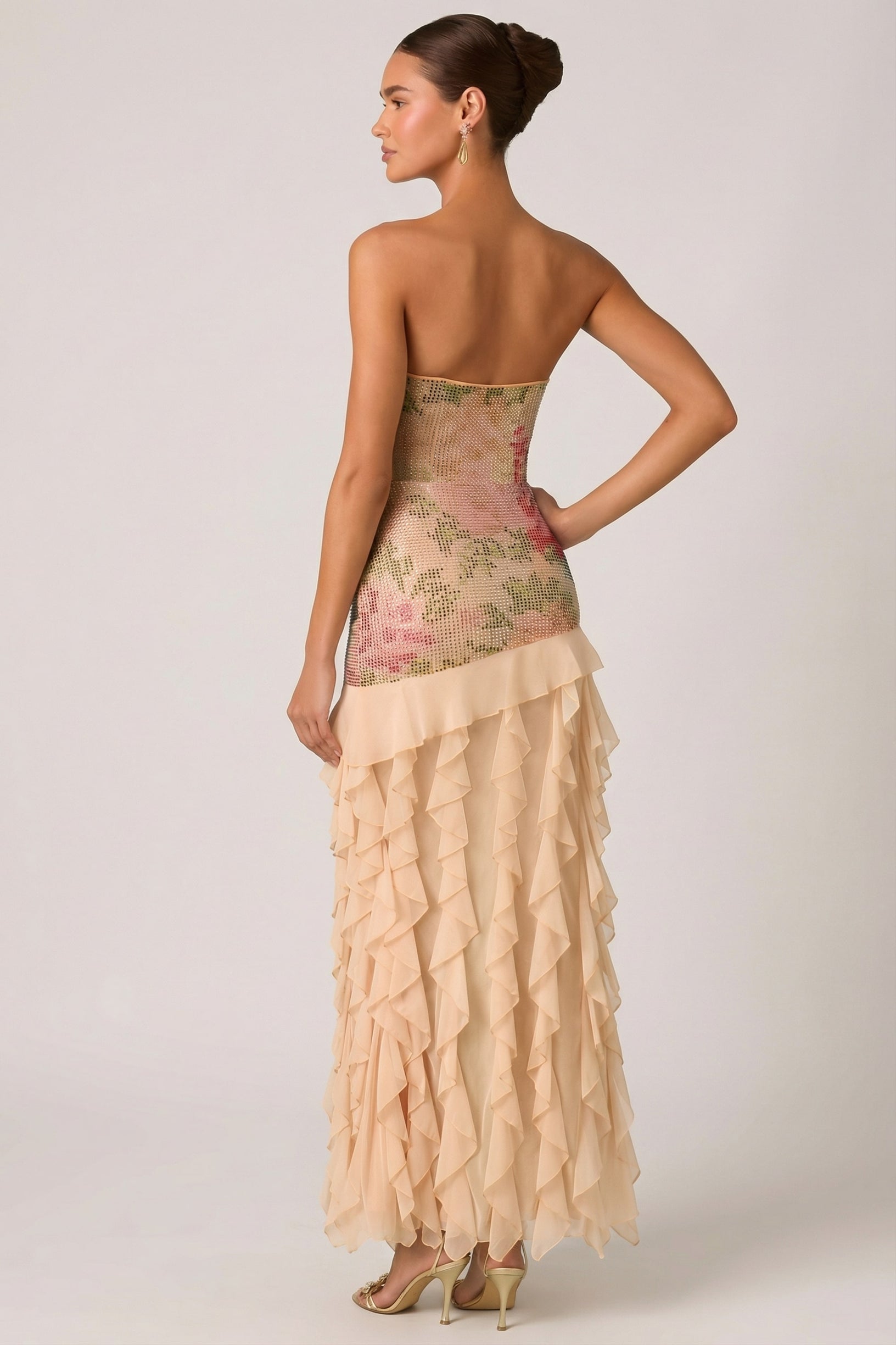 Embellished Ruffle-Trim Strapless Gown in Rose Hotfix - 2