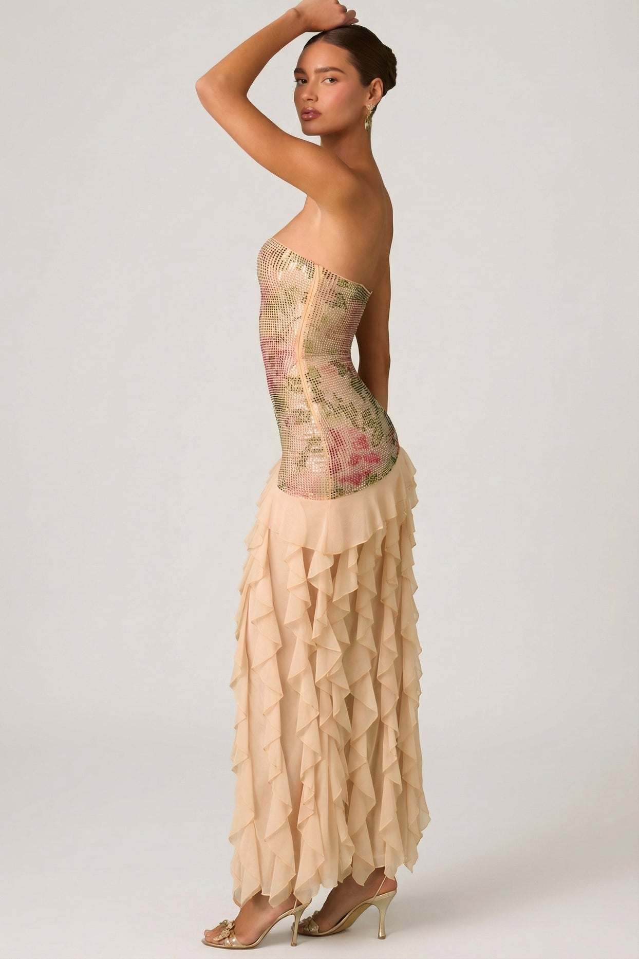 Embellished Ruffle-Trim Strapless Gown in Rose Hotfix - 4