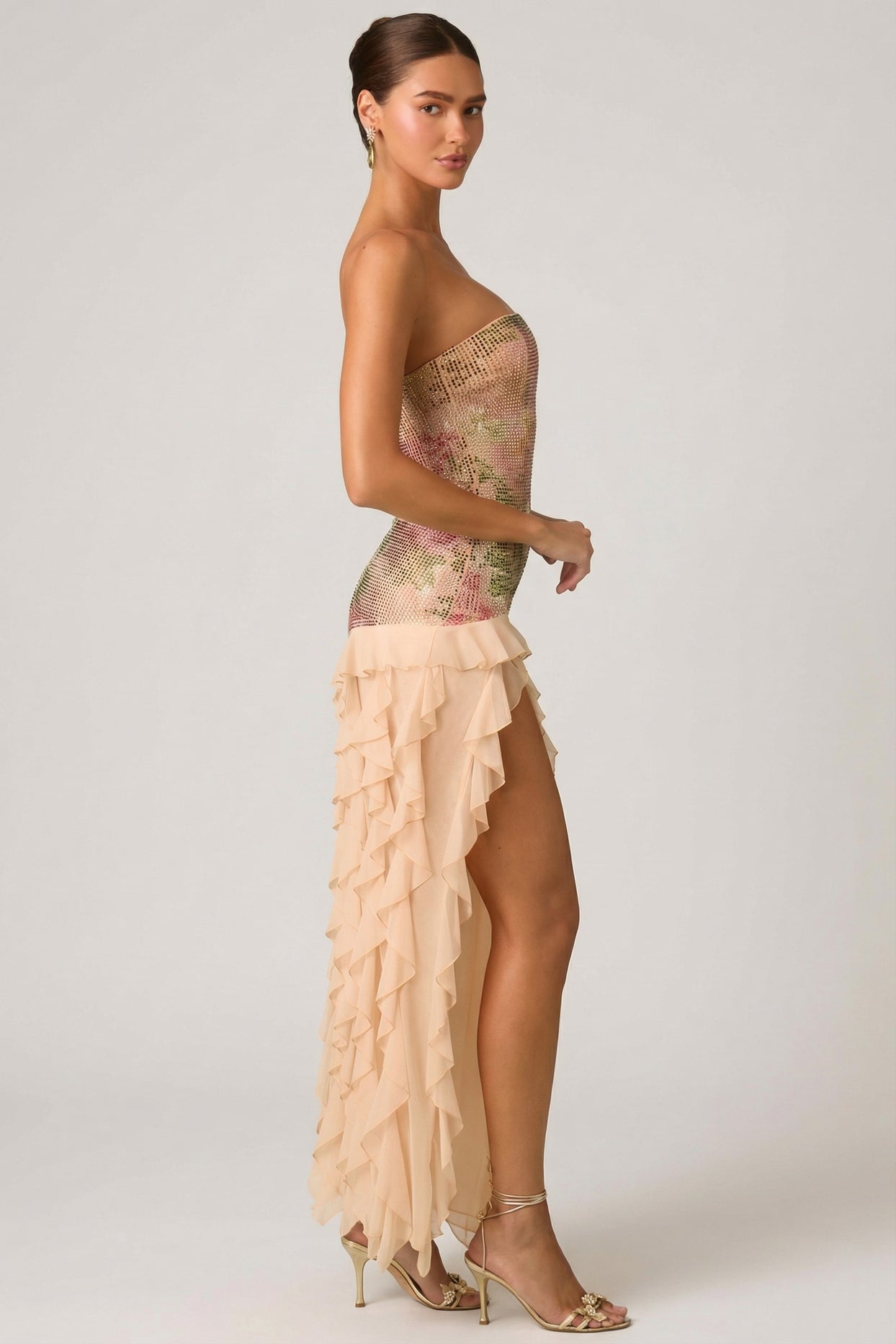Embellished Ruffle-Trim Strapless Gown in Rose Hotfix - 6