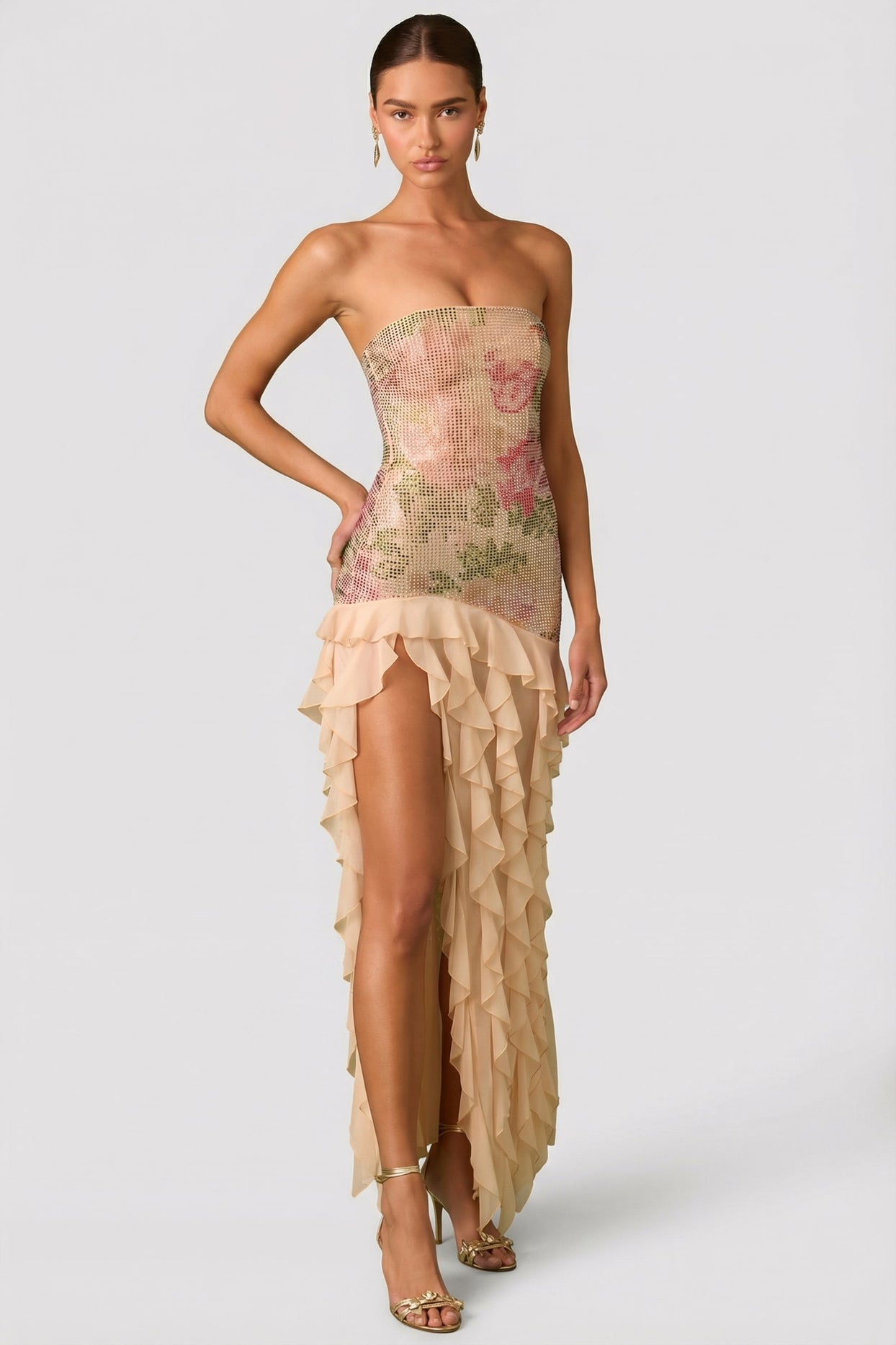 Embellished Ruffle-Trim Strapless Gown in Rose Hotfix - 1