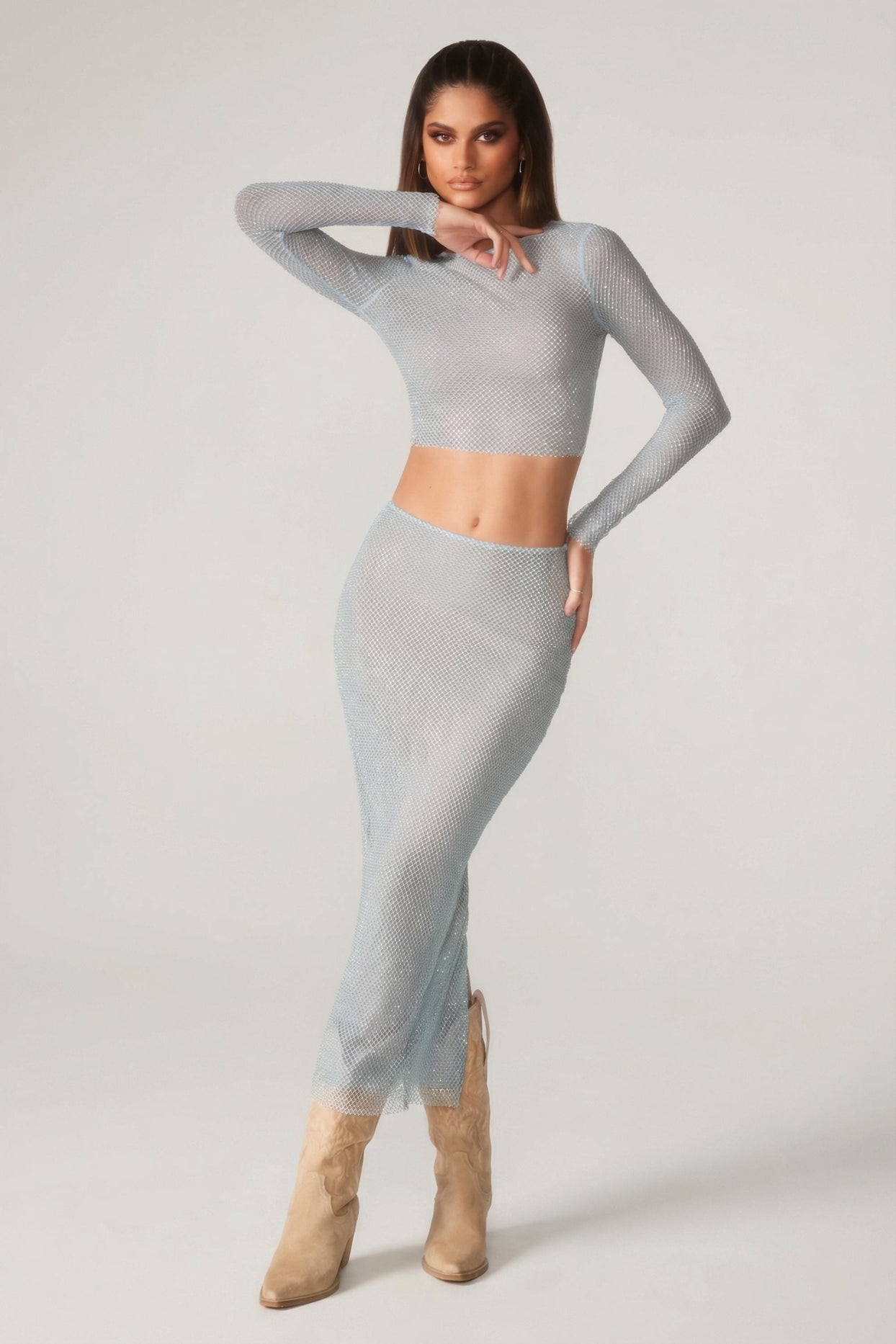 Embellished Long Sleeve Top in Aqua - 5