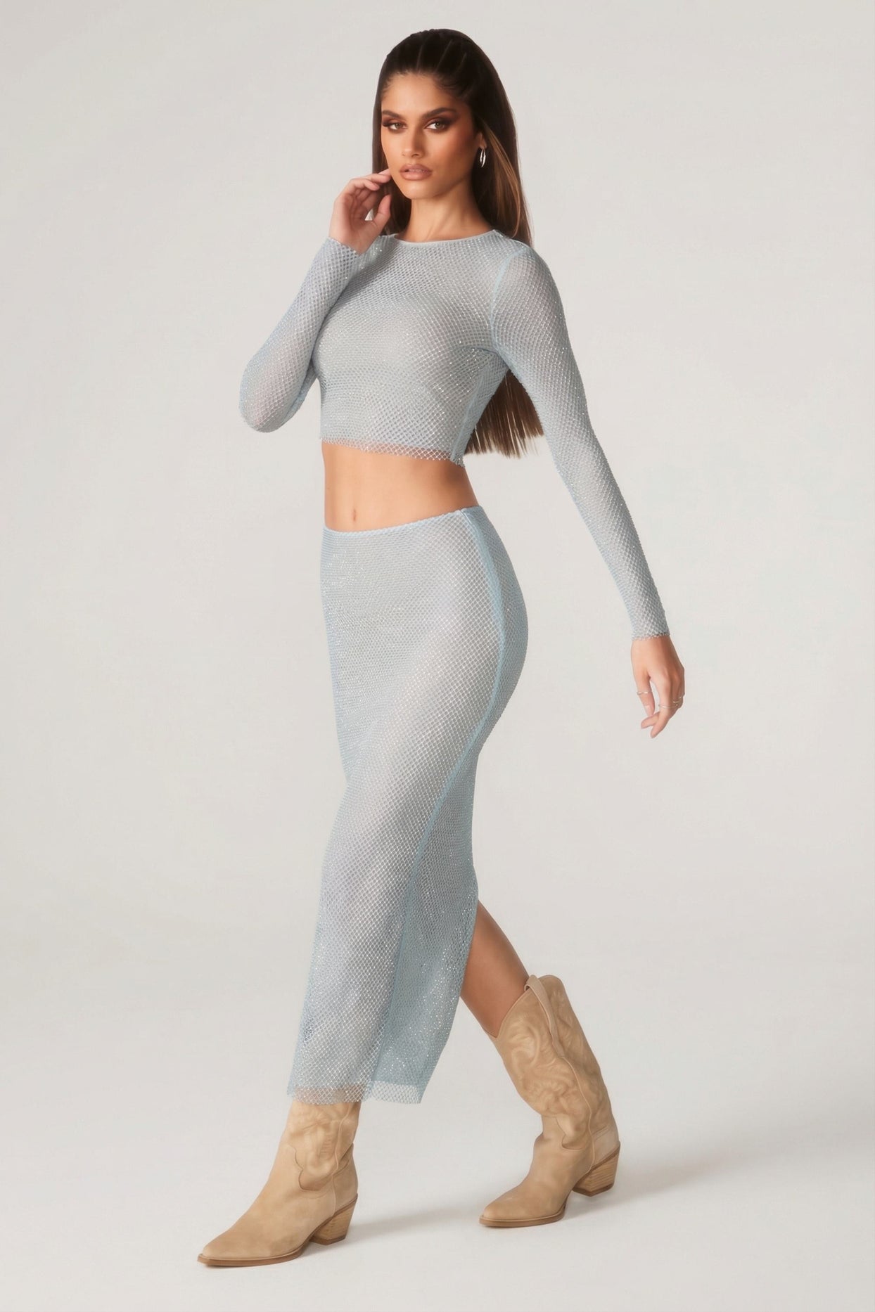 Embellished Long Sleeve Top in Aqua - 3