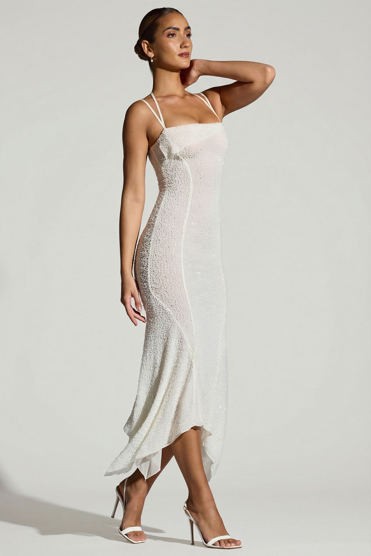 Embellished Handkerchief Hem Maxi Dress in White - 4