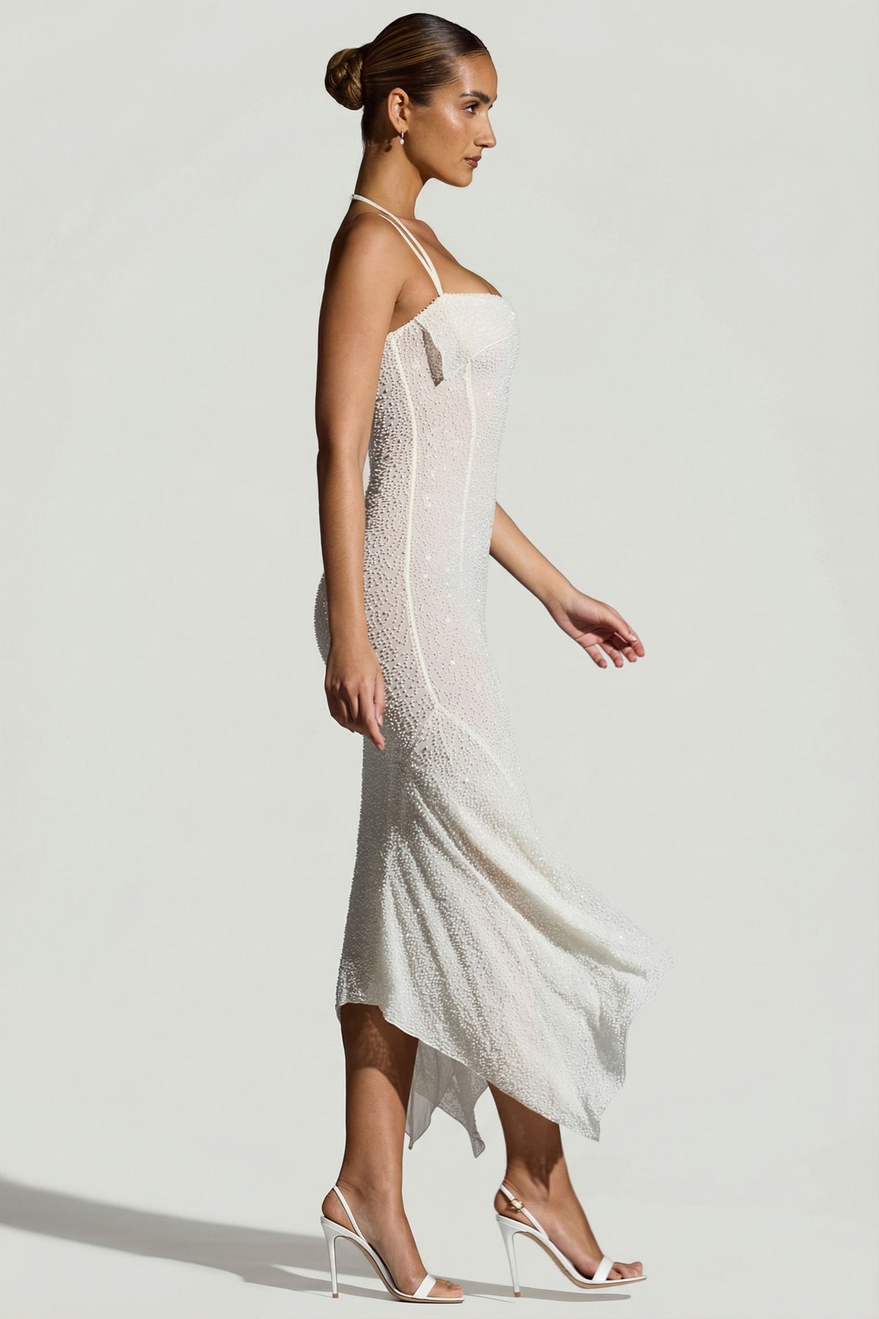 Embellished Handkerchief Hem Maxi Dress in White - 9