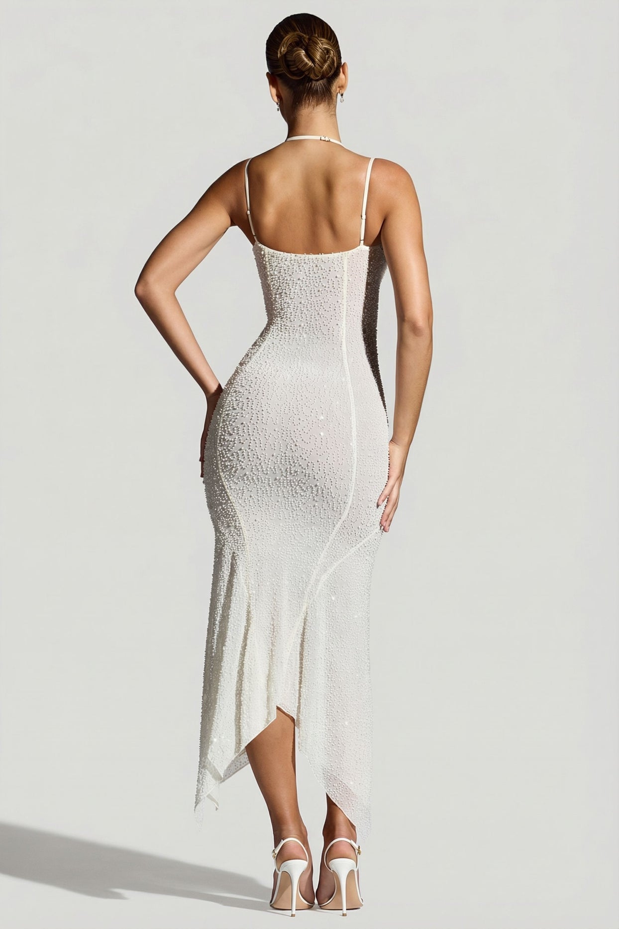 Embellished Handkerchief Hem Maxi Dress in White - 2