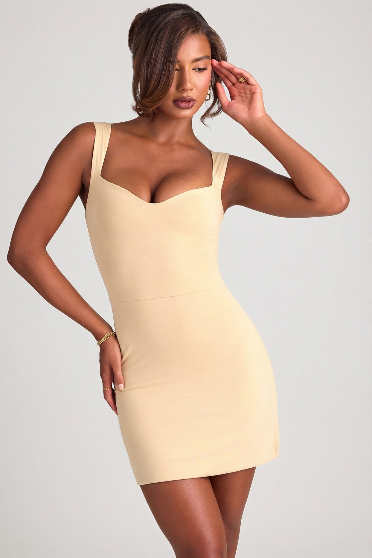 Modal Sweetheart Neckline Bodycon Mini Dress in Sand - 4