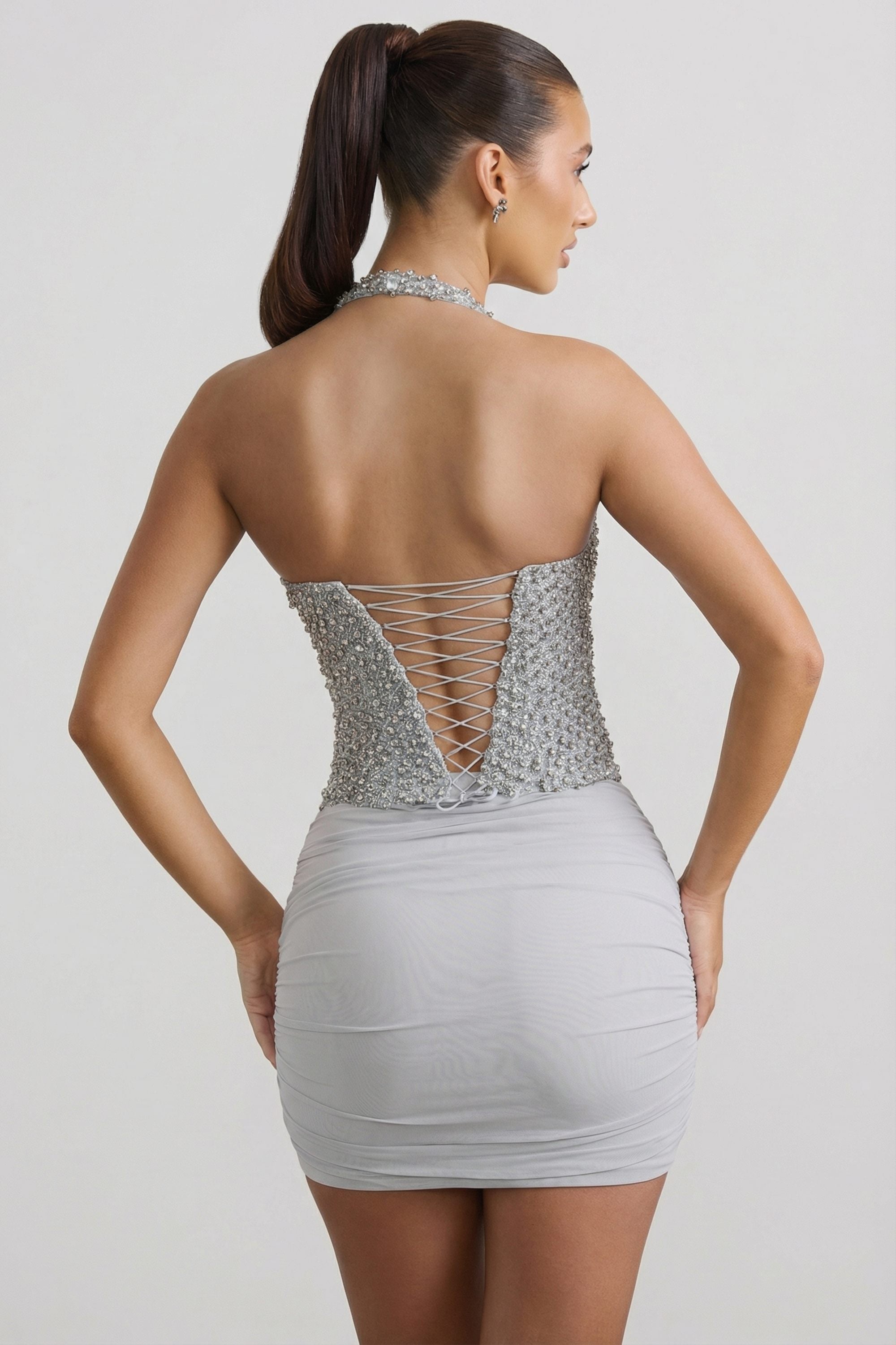 Svana V Neck Embellished A-Line Mini Dress in Silver