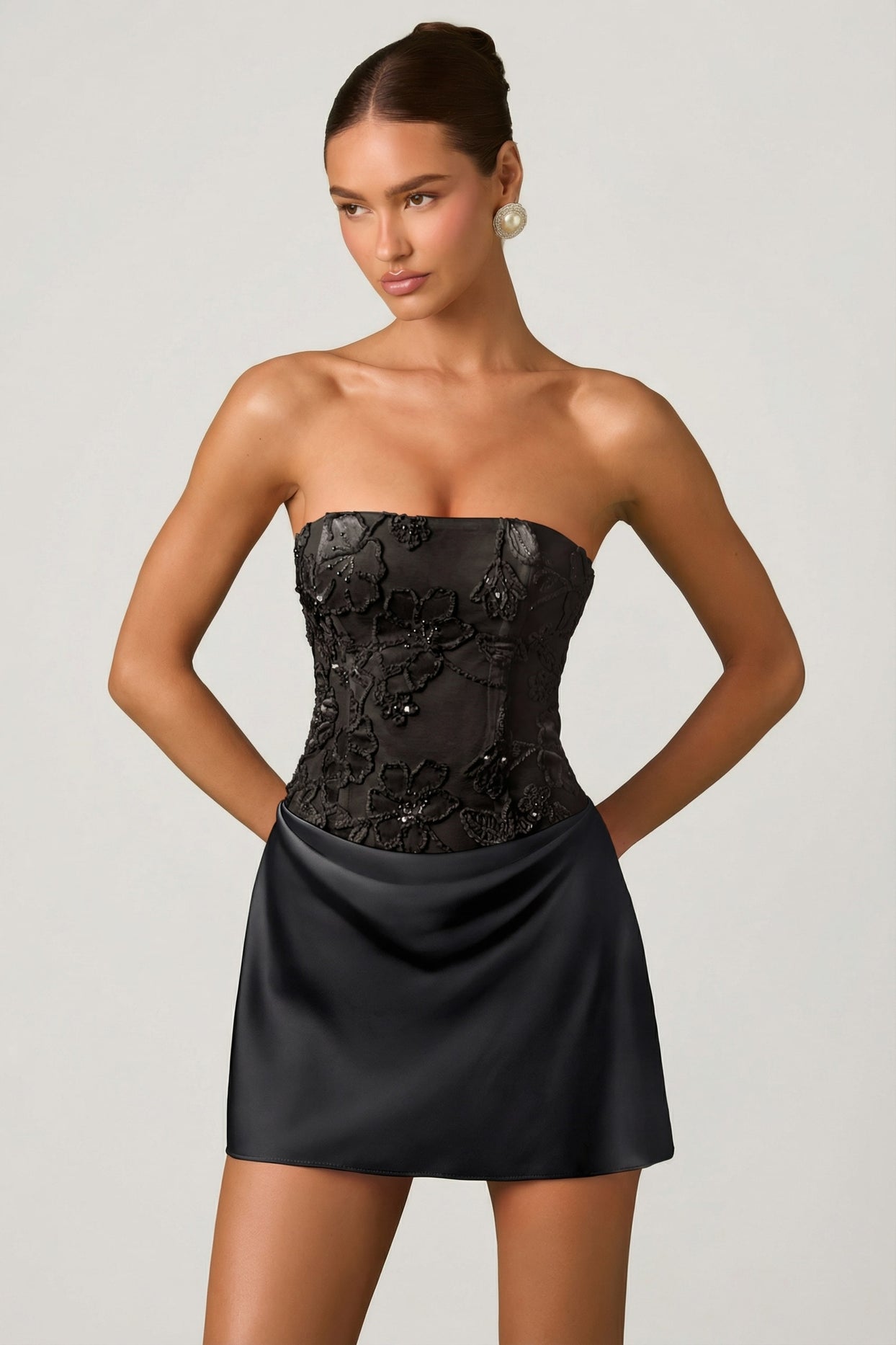 Embellished Draped Strapless A-Line Mini Dress in Black - 7