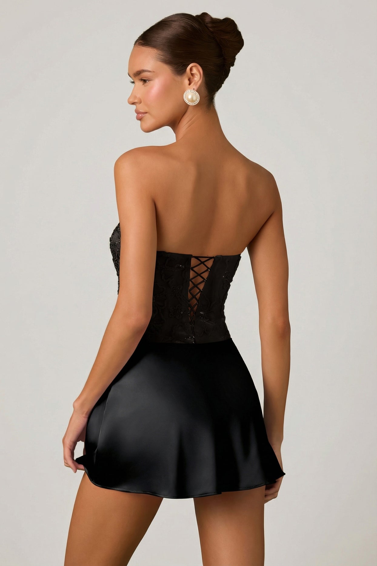 Embellished Draped Strapless A-Line Mini Dress in Black - 2