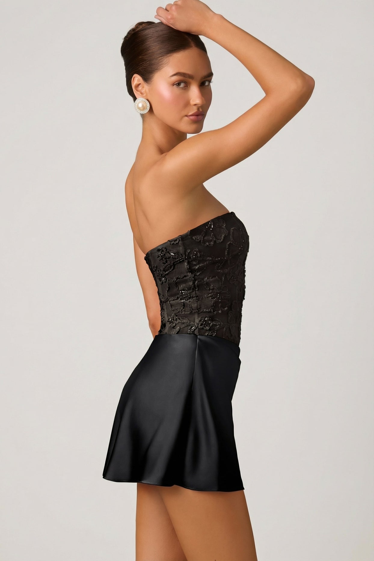 Embellished Draped Strapless A-Line Mini Dress in Black - 5