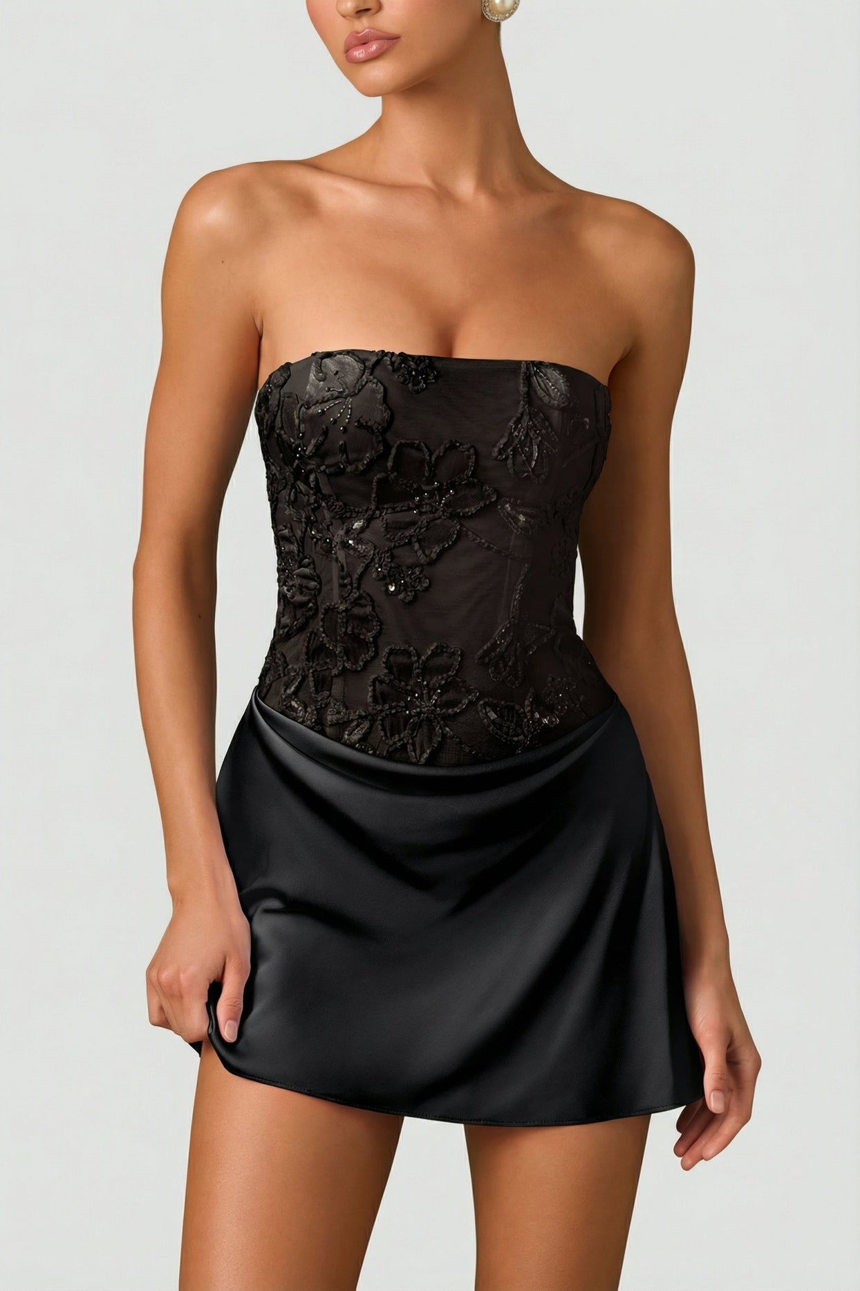 Embellished Draped Strapless A-Line Mini Dress in Black - 3