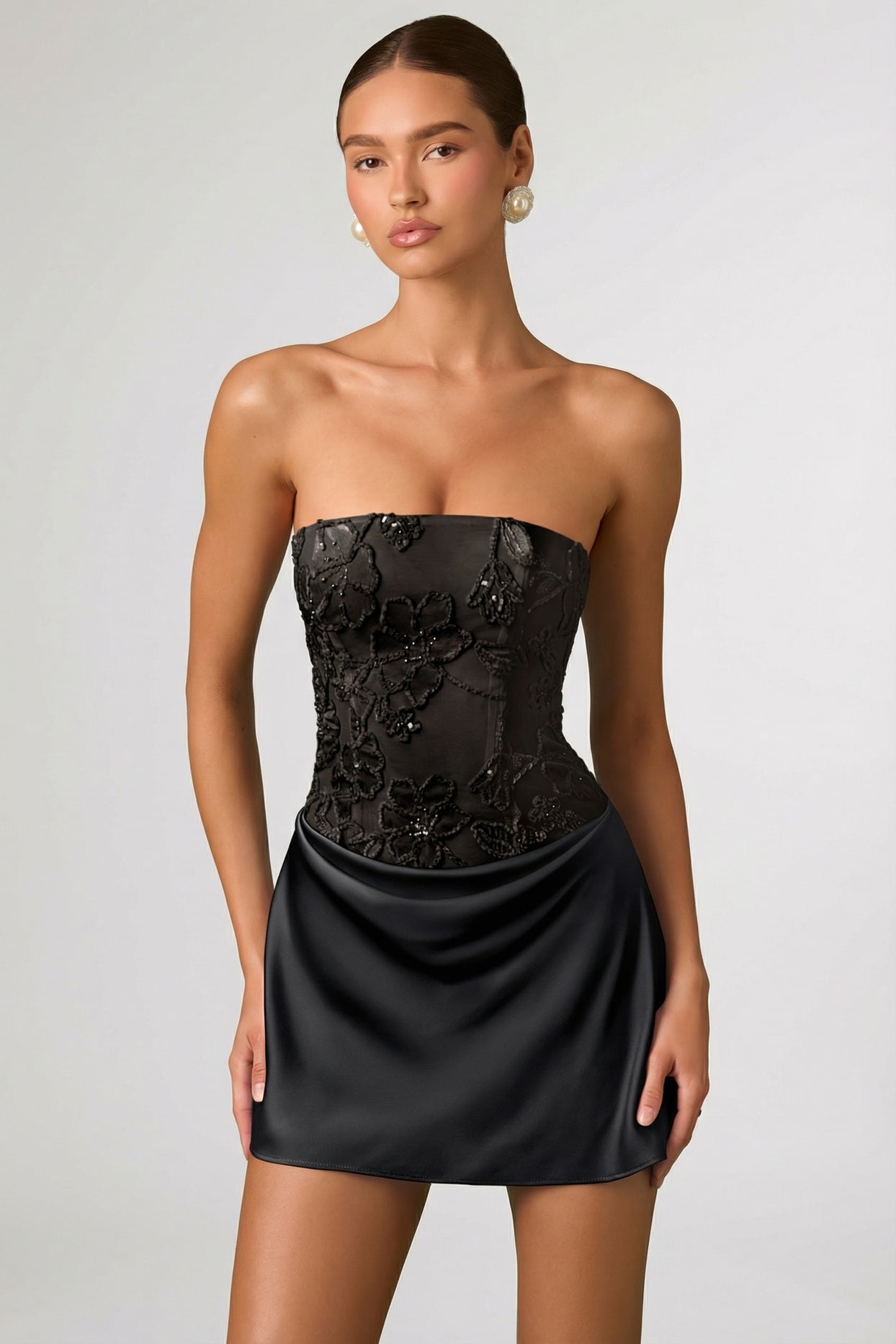Embellished Draped Strapless A-Line Mini Dress in Black - 6