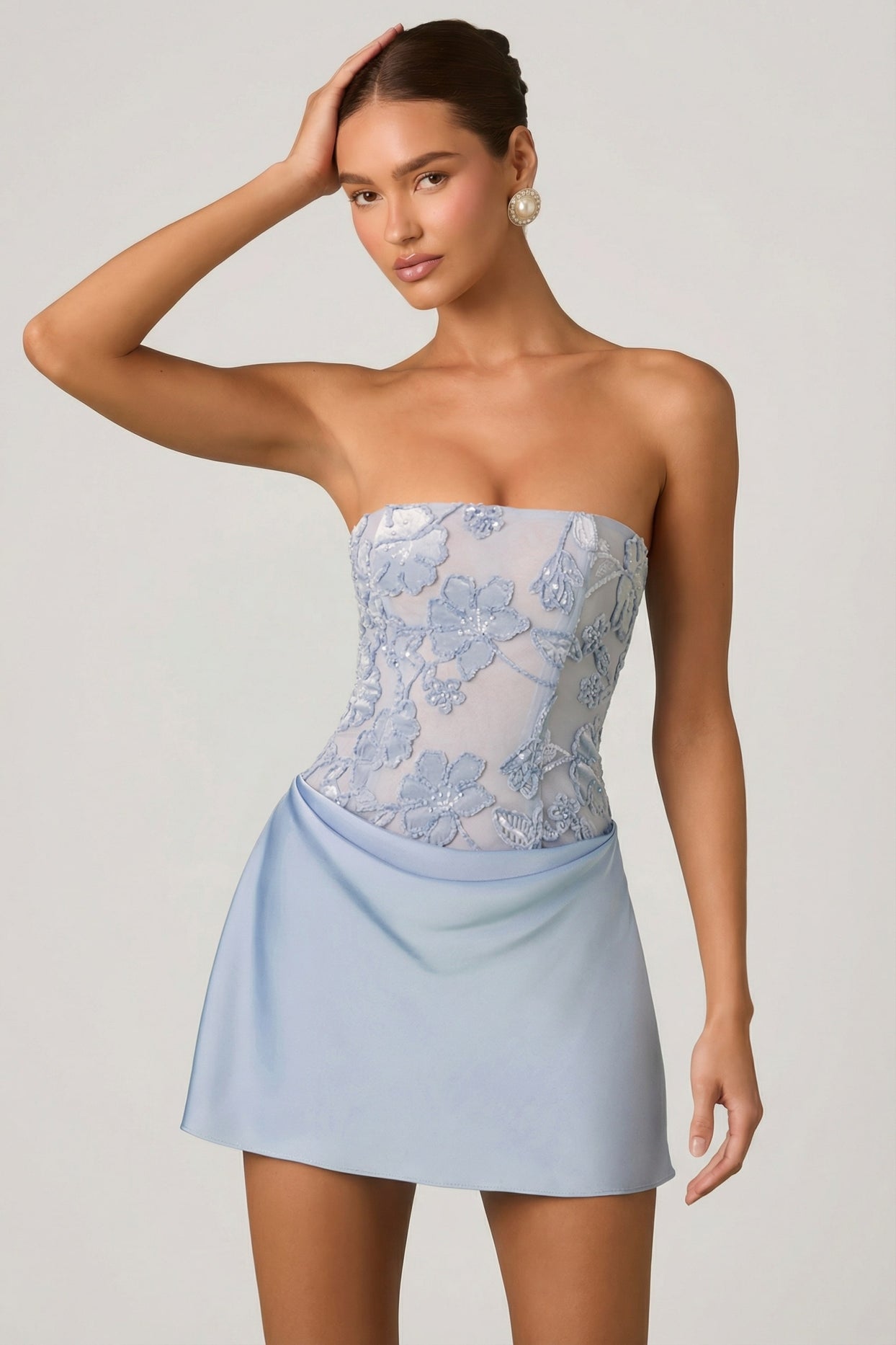 Embellished Draped Strapless A-Line Mini Dress in Sky Blue - 7