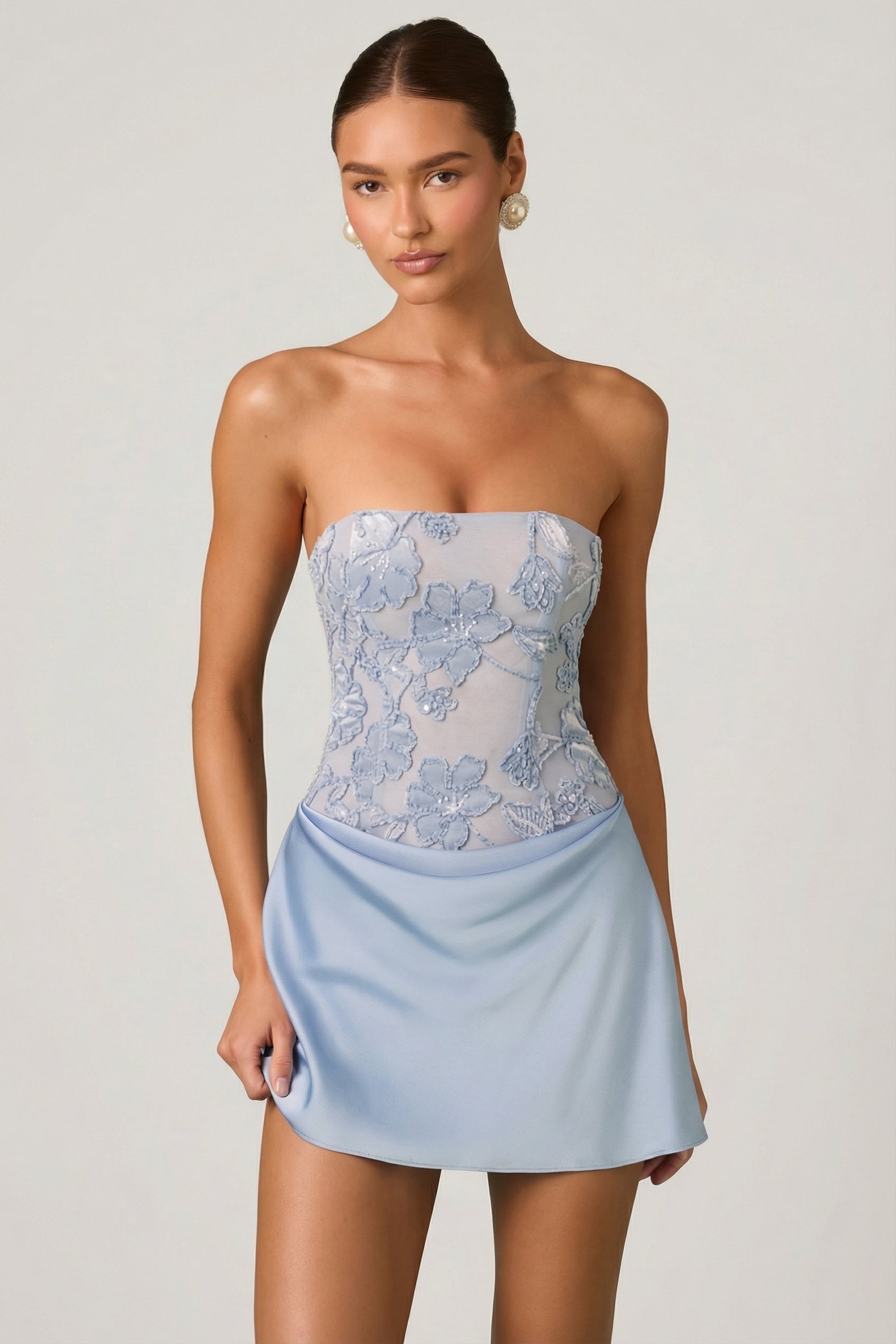 Embellished Draped Strapless A-Line Mini Dress in Sky Blue - 1