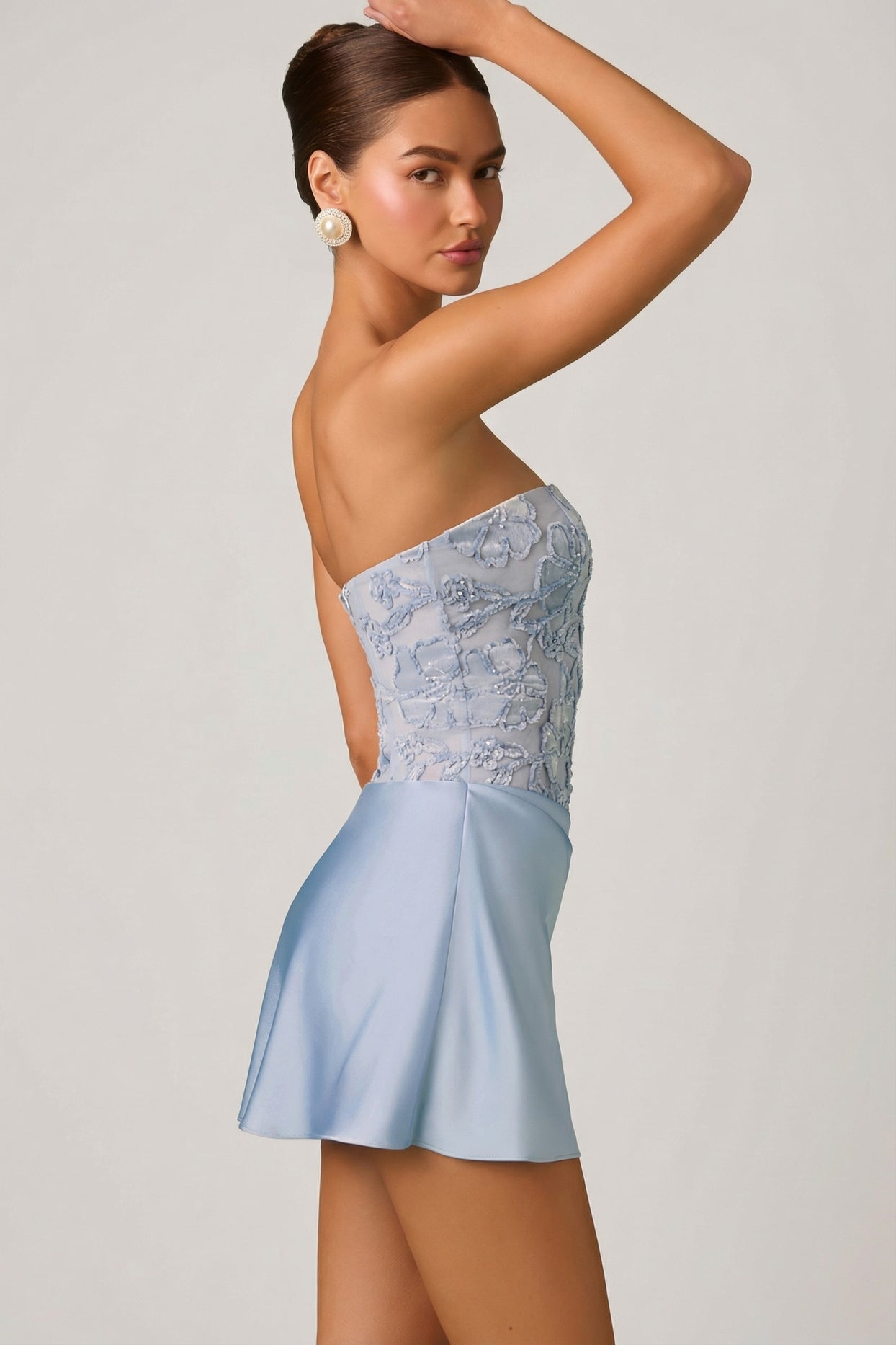 Embellished Draped Strapless A-Line Mini Dress in Sky Blue - 5