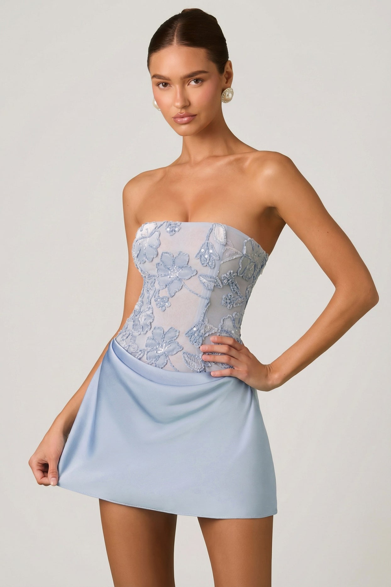 Embellished Draped Strapless A-Line Mini Dress in Sky Blue - 6