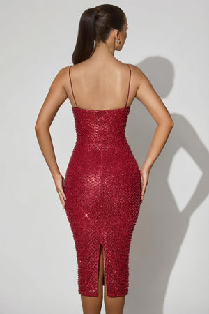 Embellished Sweetheart-Neck Midi Dress in Red