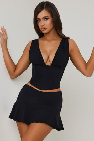 Mid-Rise Godet A-Line Mini Skirt in Black