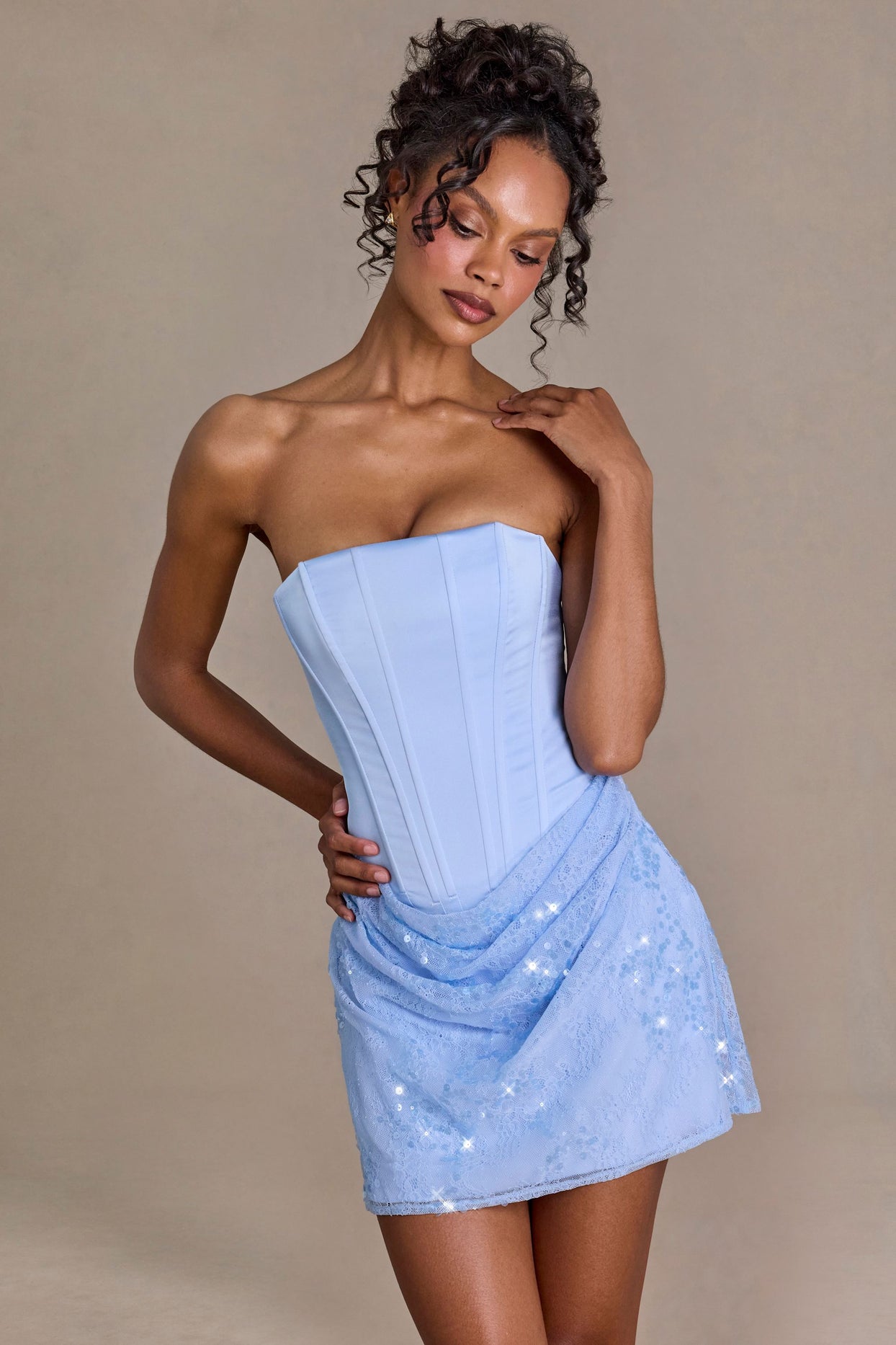 Satin Embellished Skirt Mini Dress in Sky Blue - 5