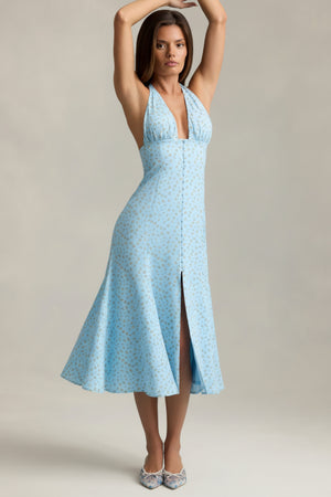 Halterneck Midaxi Dress in Blue Flower Print