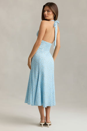 Halterneck Midaxi Dress in Blue Flower Print