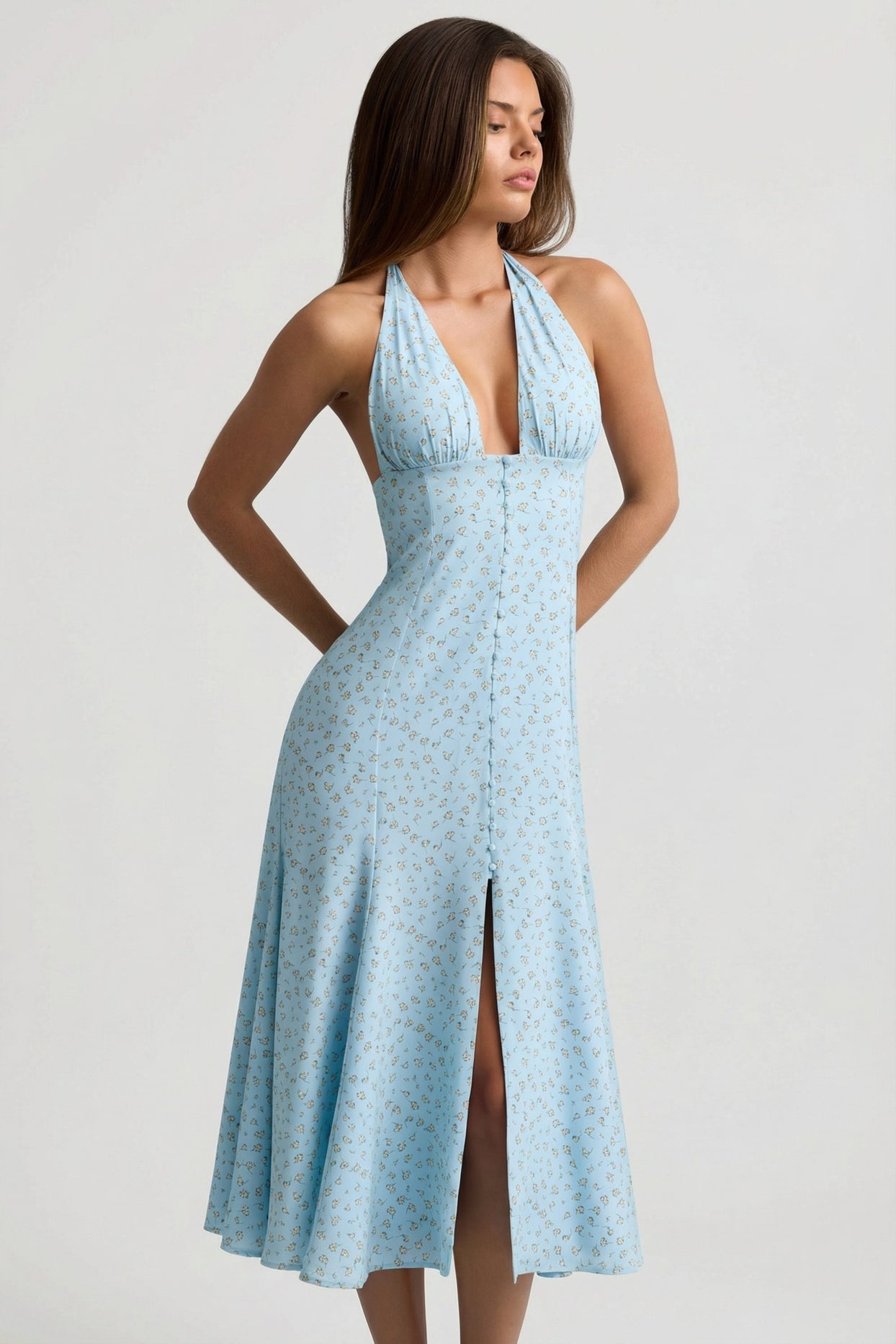 Halterneck Midaxi Dress in Blue Flower Print - 5
