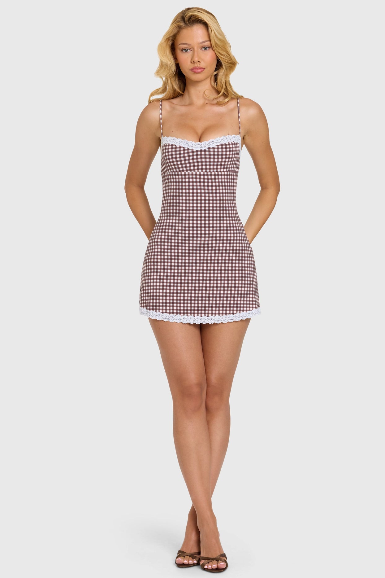 Modal Lace-Trim Mini Dress in Brown Gingham - 6