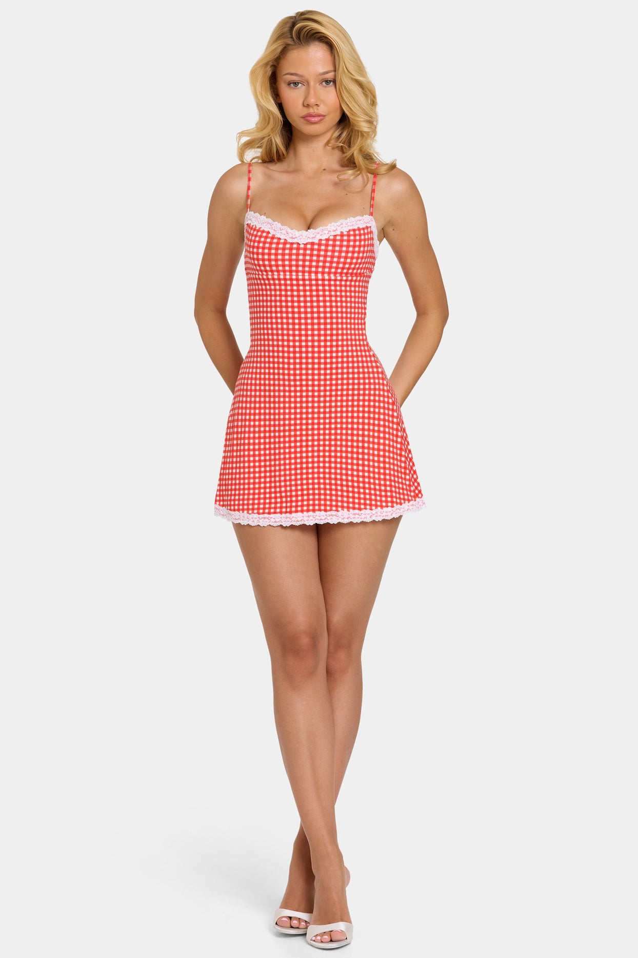 Modal Lace-Trim Mini Dress in Red Gingham - 5