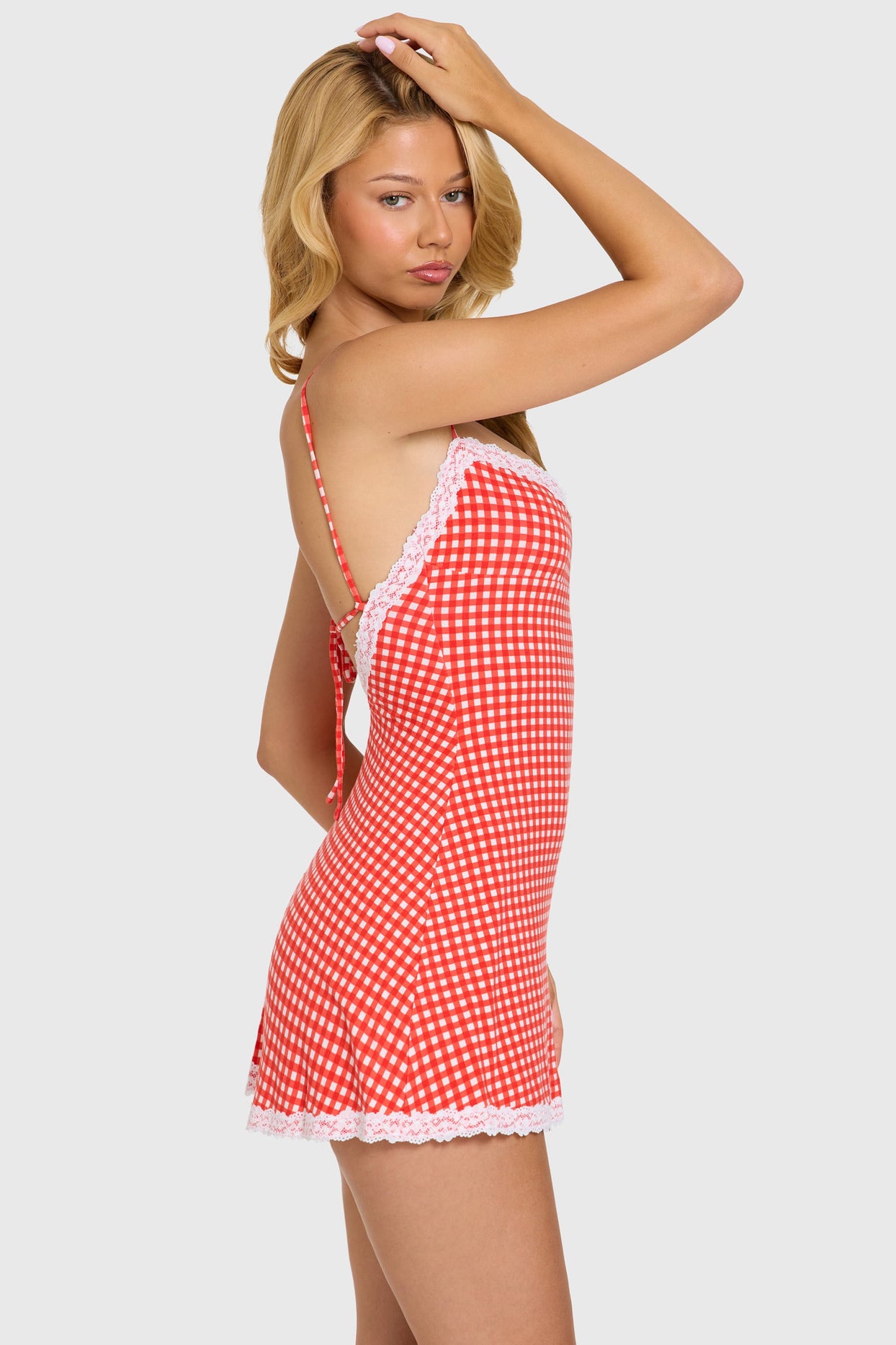Modal Lace-Trim Mini Dress in Red Gingham - 4