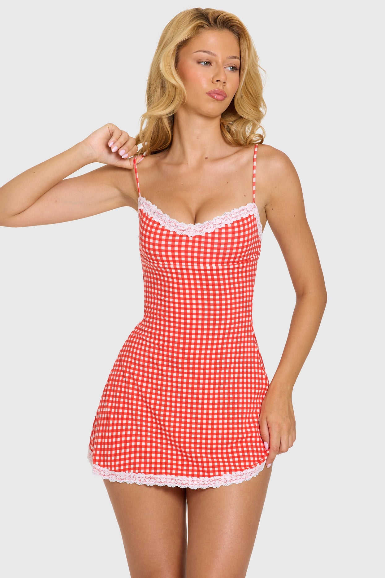 Modal Lace-Trim Mini Dress in Red Gingham - 8