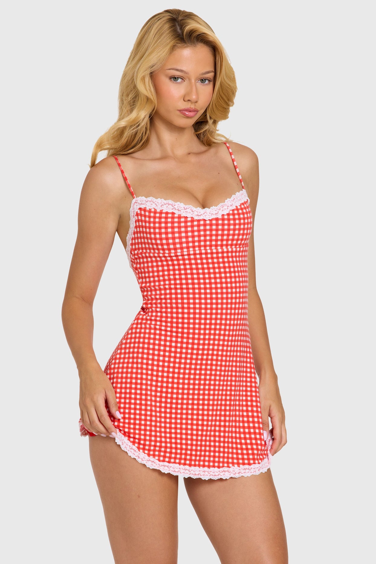 Modal Lace-Trim Mini Dress in Red Gingham - 6