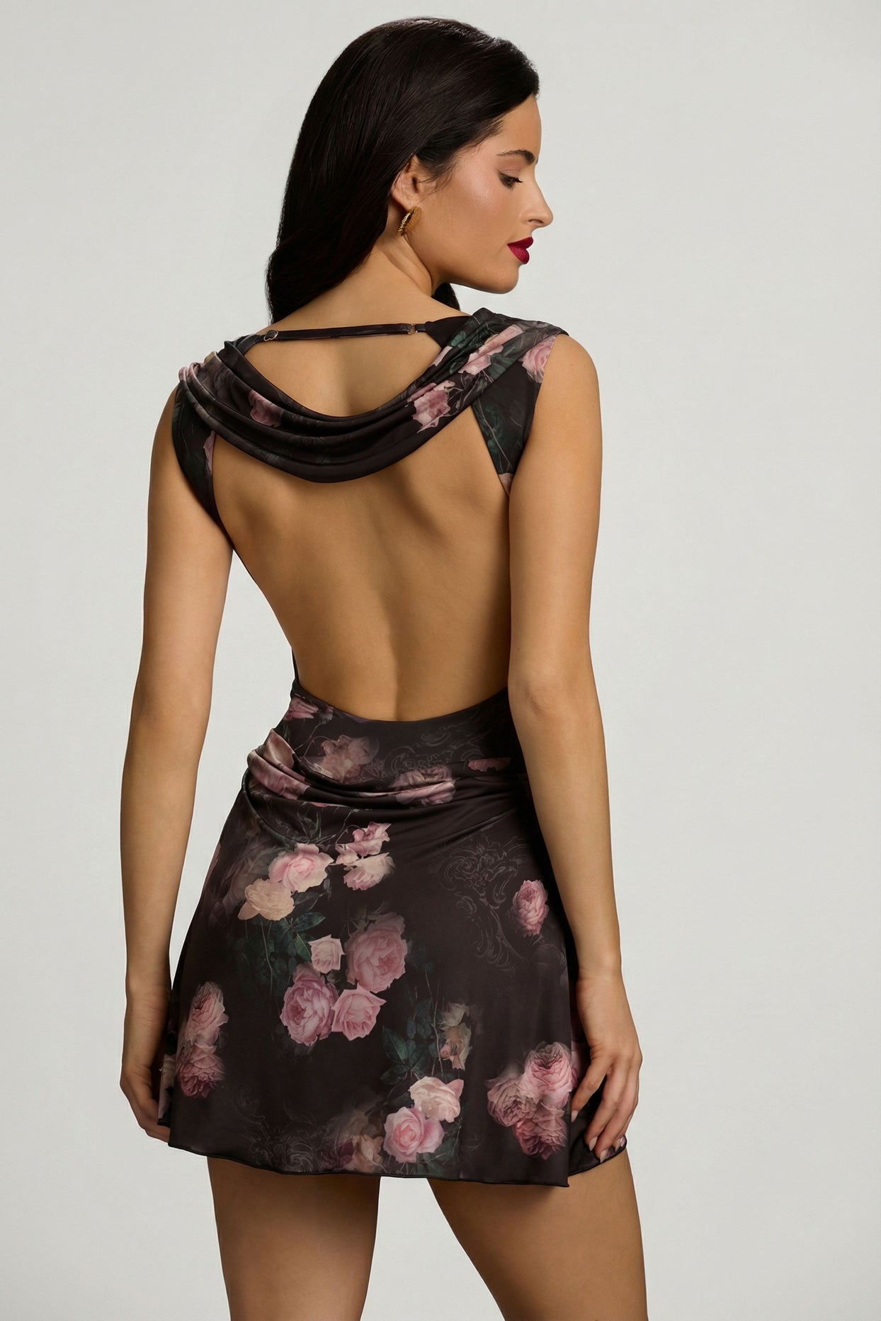 Draped Open-Back A-Line Mini Dress in Black Floral Print - 11