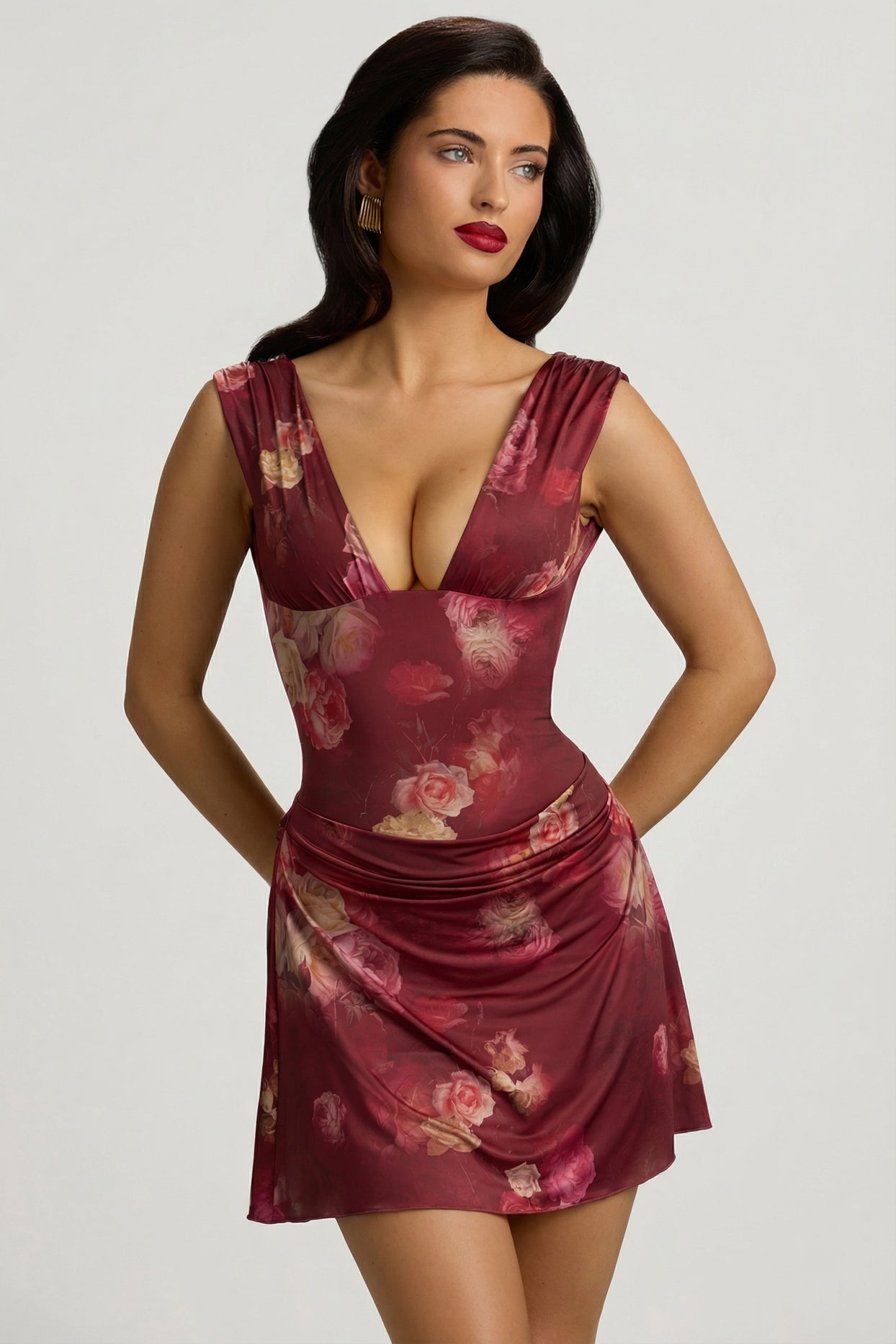 Draped Open-Back A-Line Mini Dress in Maroon Floral Print - 5