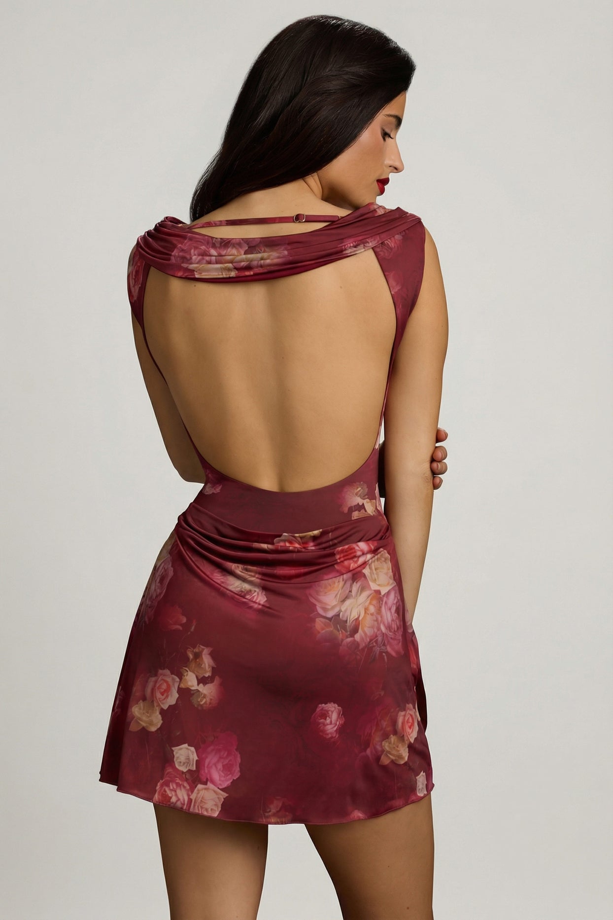 Draped Open-Back A-Line Mini Dress in Maroon Floral Print - 9