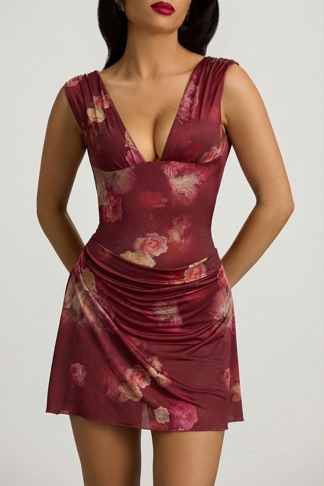 Draped Open-Back A-Line Mini Dress in Maroon Floral Print - 4
