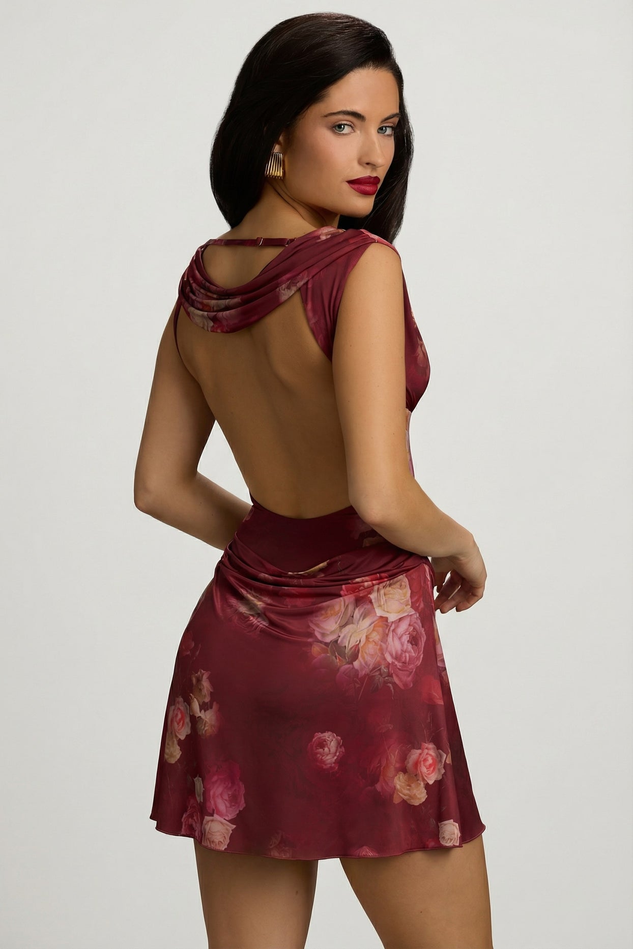 Draped Open-Back A-Line Mini Dress in Maroon Floral Print - 3