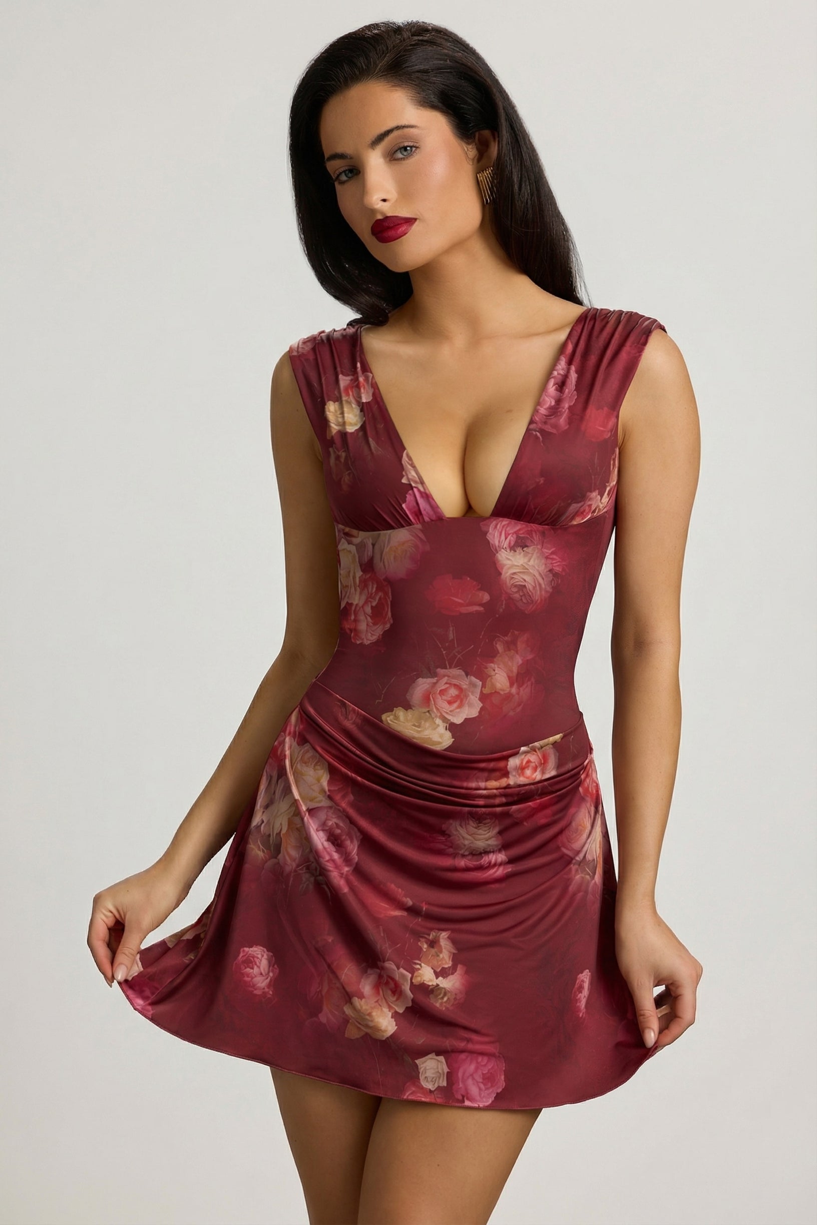 Draped Open-Back A-Line Mini Dress in Maroon Floral Print - 2